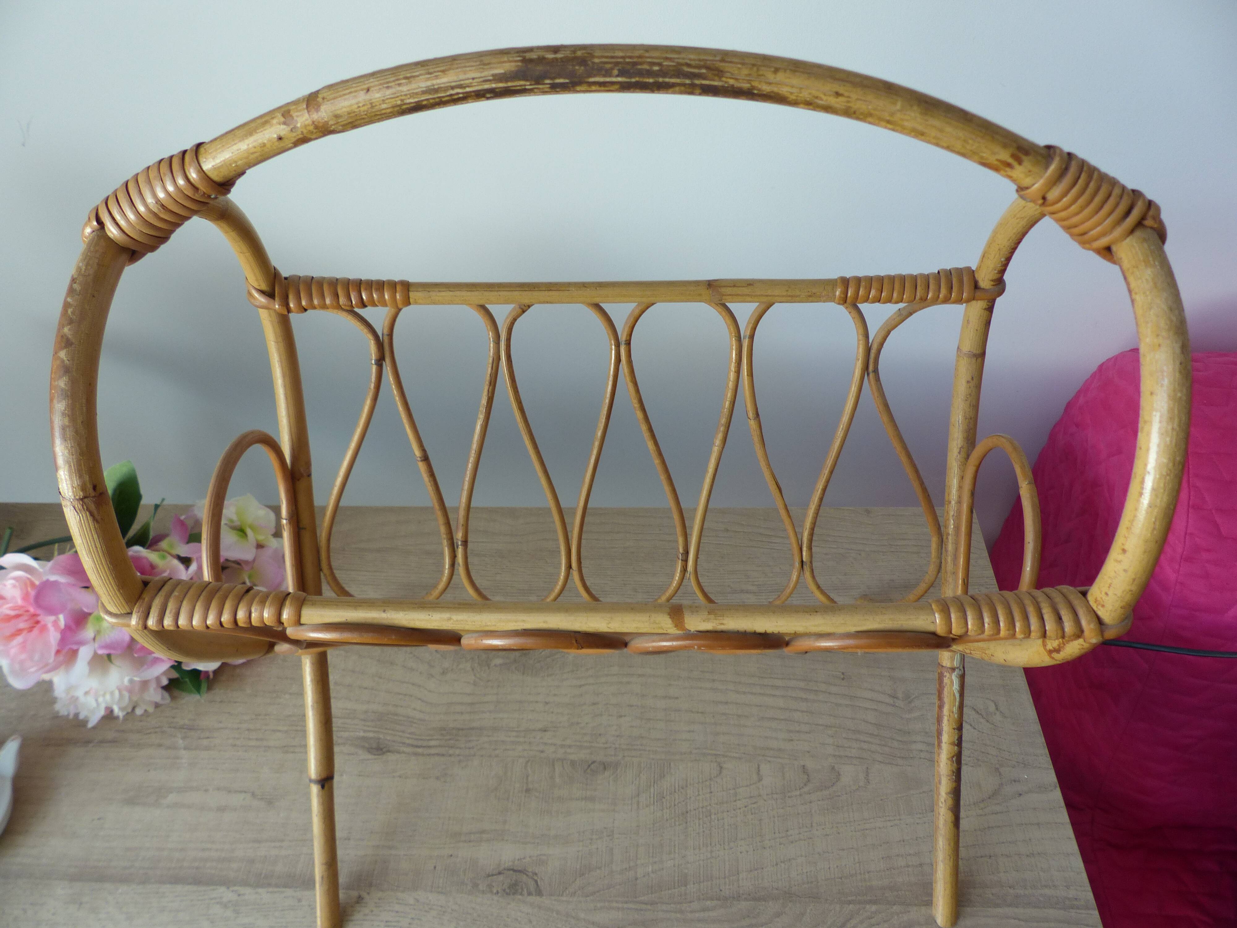 Vintage rattan magazine rack, wicker magazine basket home decor