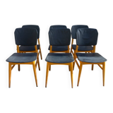 Set of 6 Scandinavian chairs in light wood and black faux leather