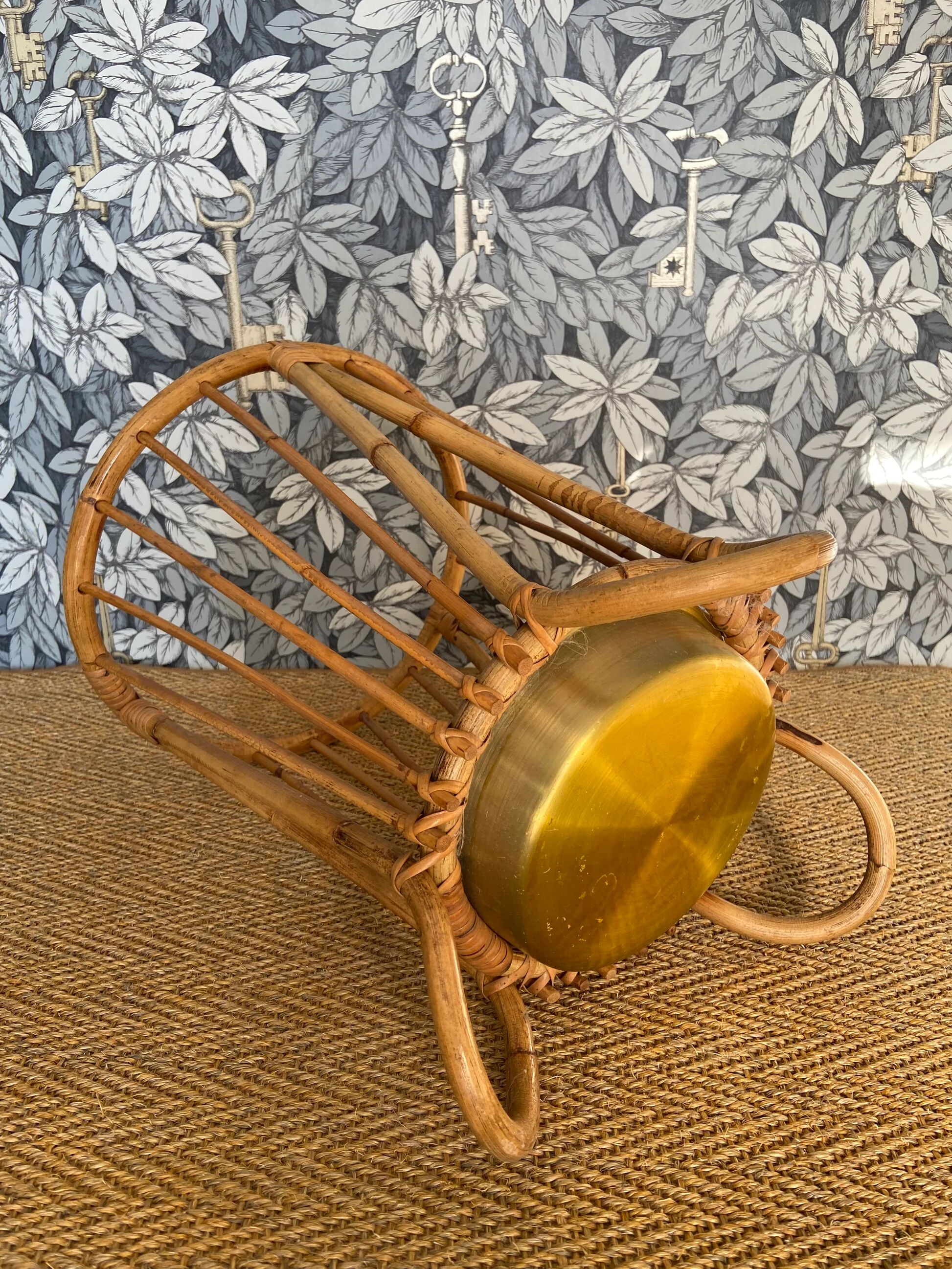 Bamboo and rattan umbrella stand with metal drip tray in the style of Franco Albini, Italy, 1960s