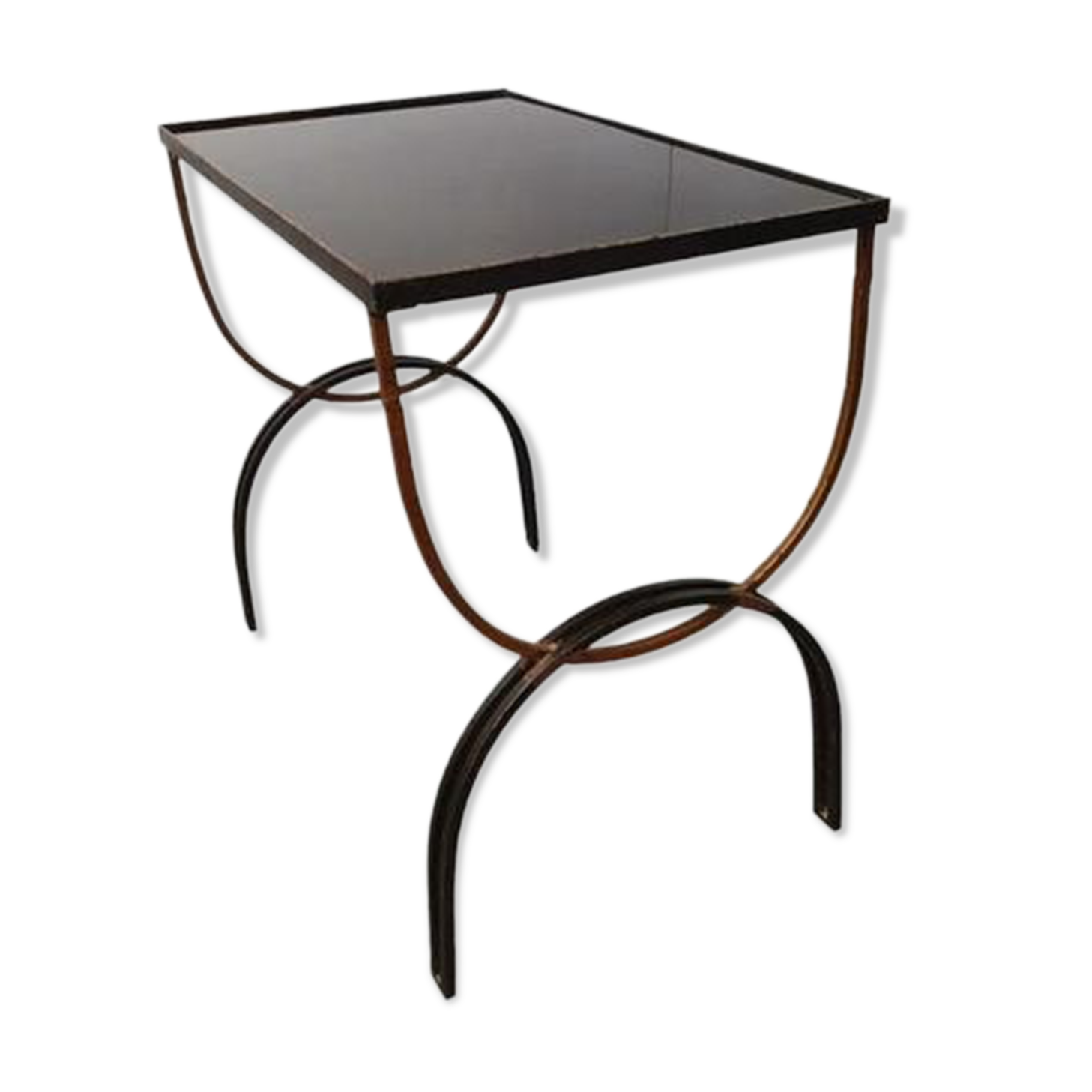 Vintage cast iron and black glass side table