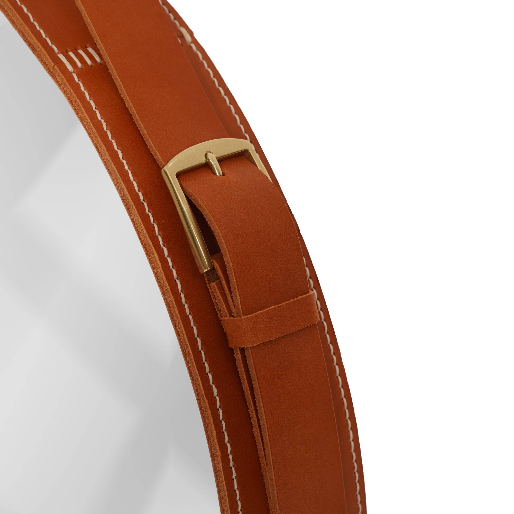 Handmade mirror in J. Adnet style, made of vegetable-tanned leather in tan colour, ø 45 cm.