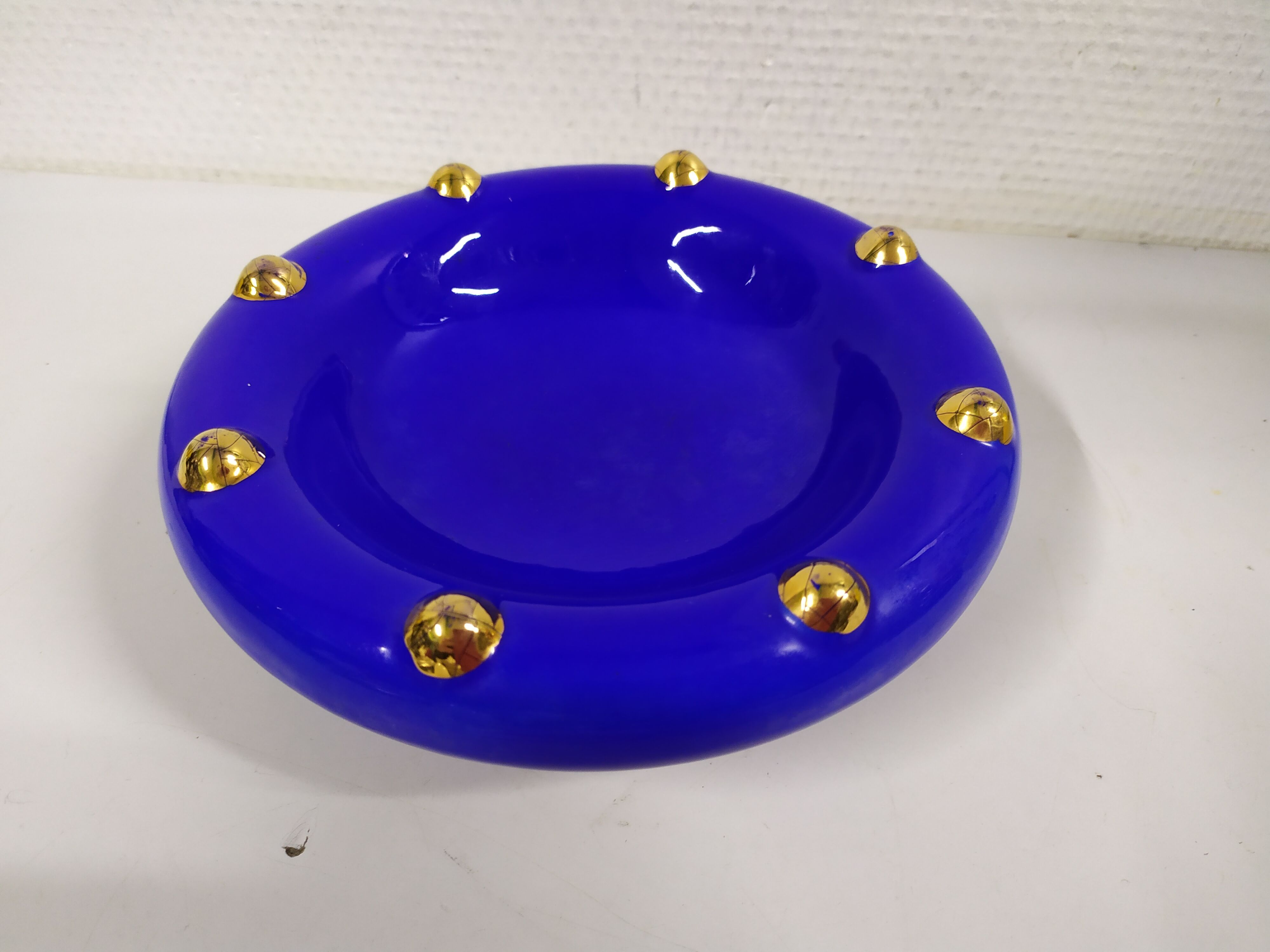 Vintage enamelled longwy blue and gold pocket cup