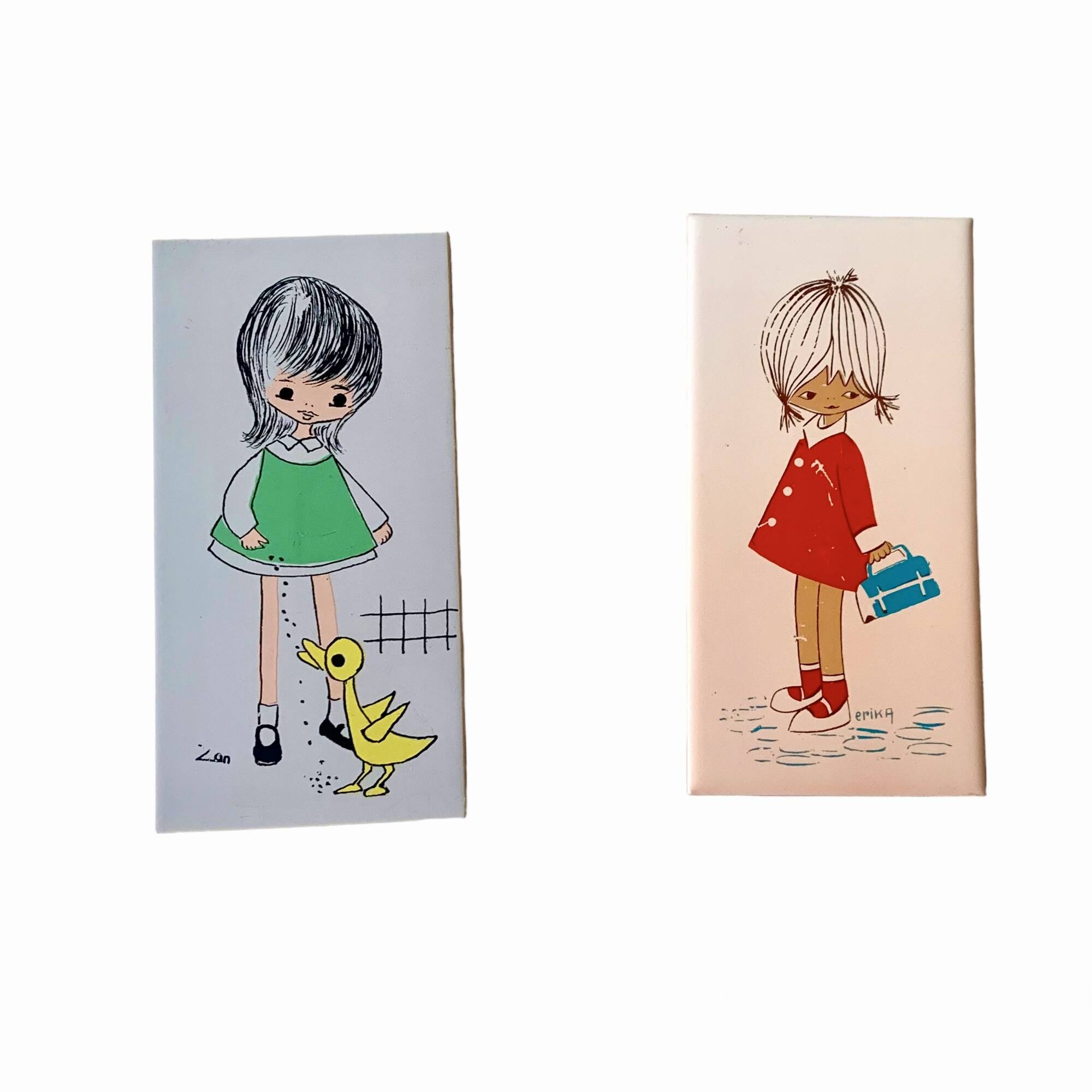 Pair of painted tile wall plates for children's bedroom
