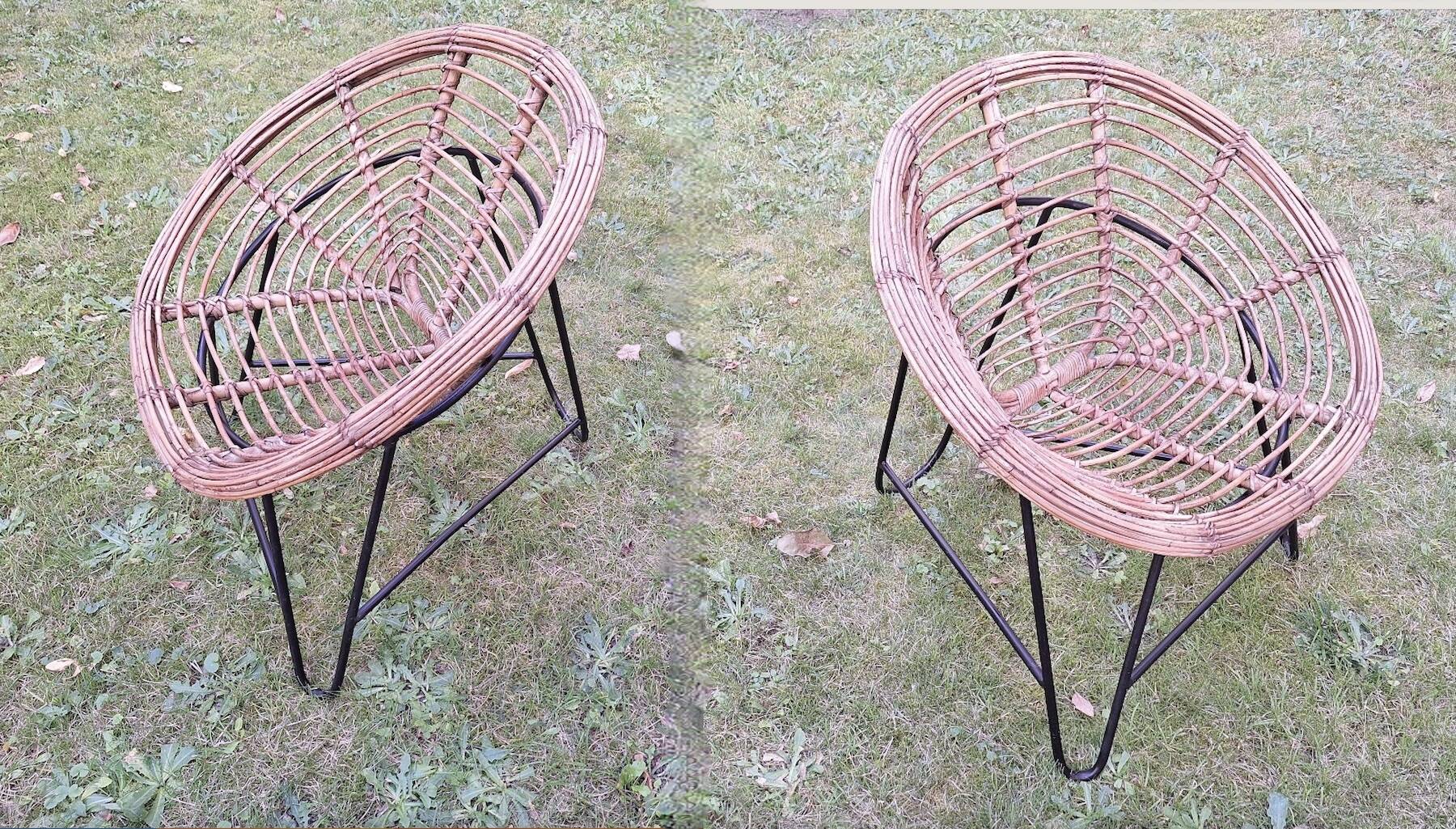 Pair of mid century bamboo and iron pod chairs, 1960s