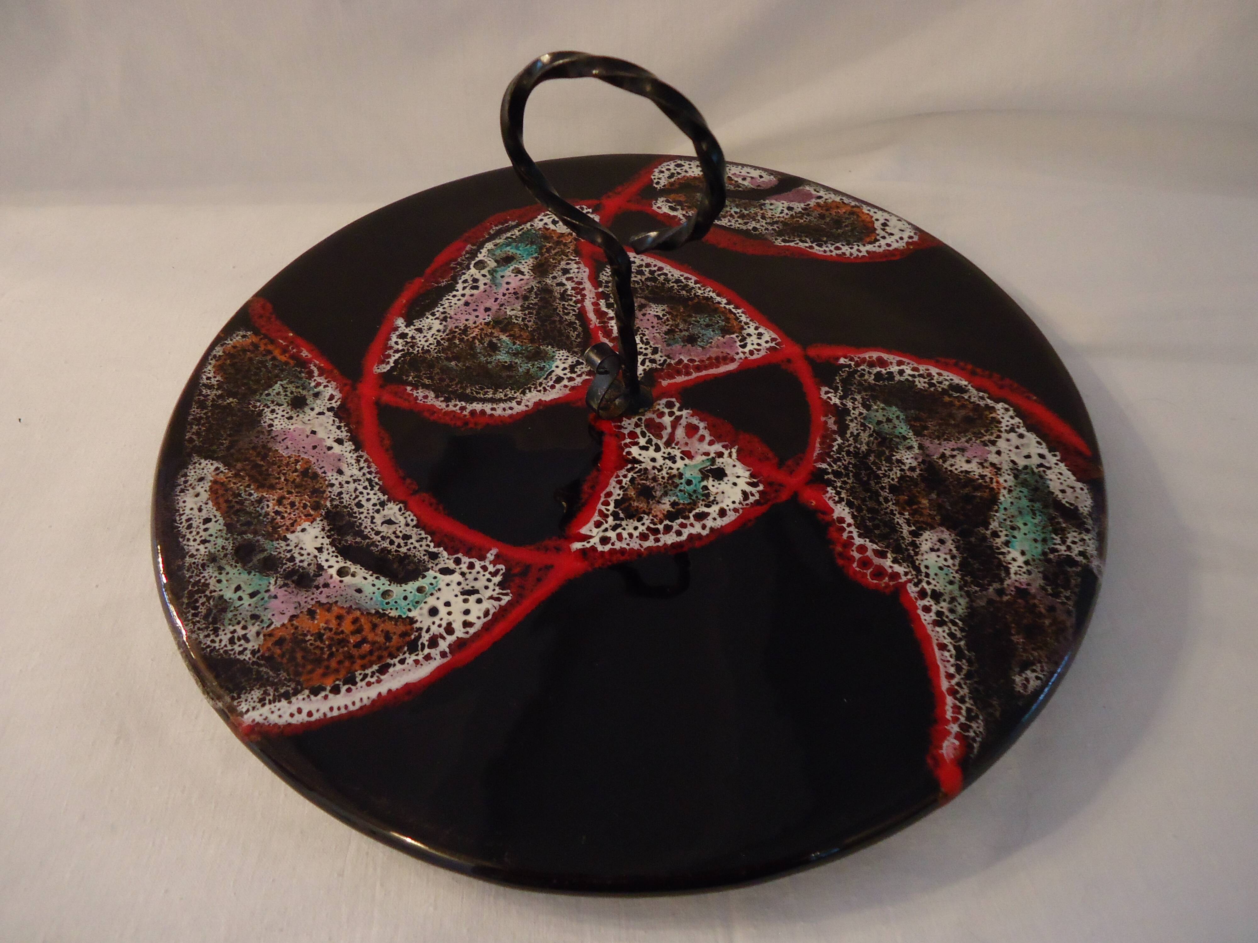 Cheese platter Vallauris glazed ceramic black red A035