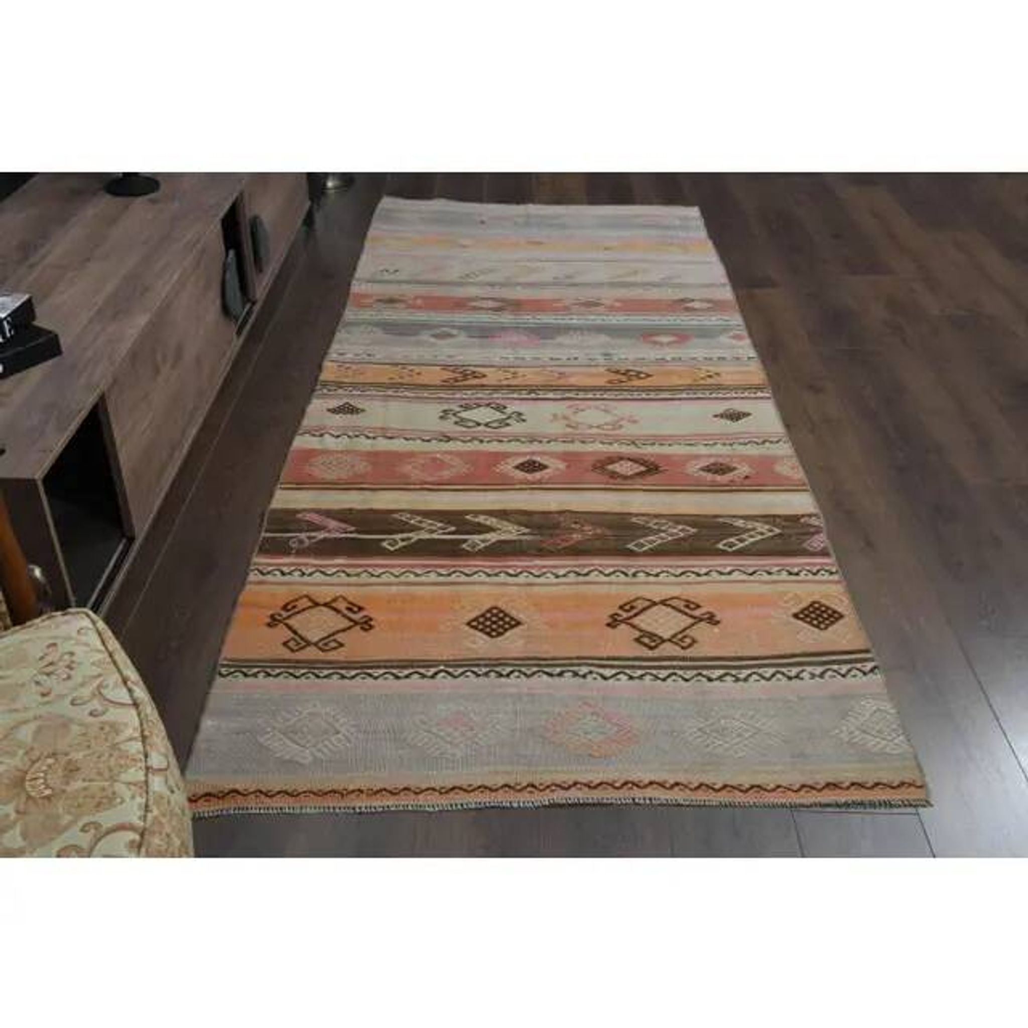 70's Vintage Oushak Handmade Wool Orange Kilim Runner Rug 116x283