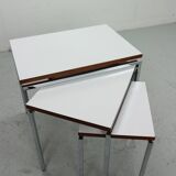White Nesting Table Set with chrome frame and wood detail, 1970s