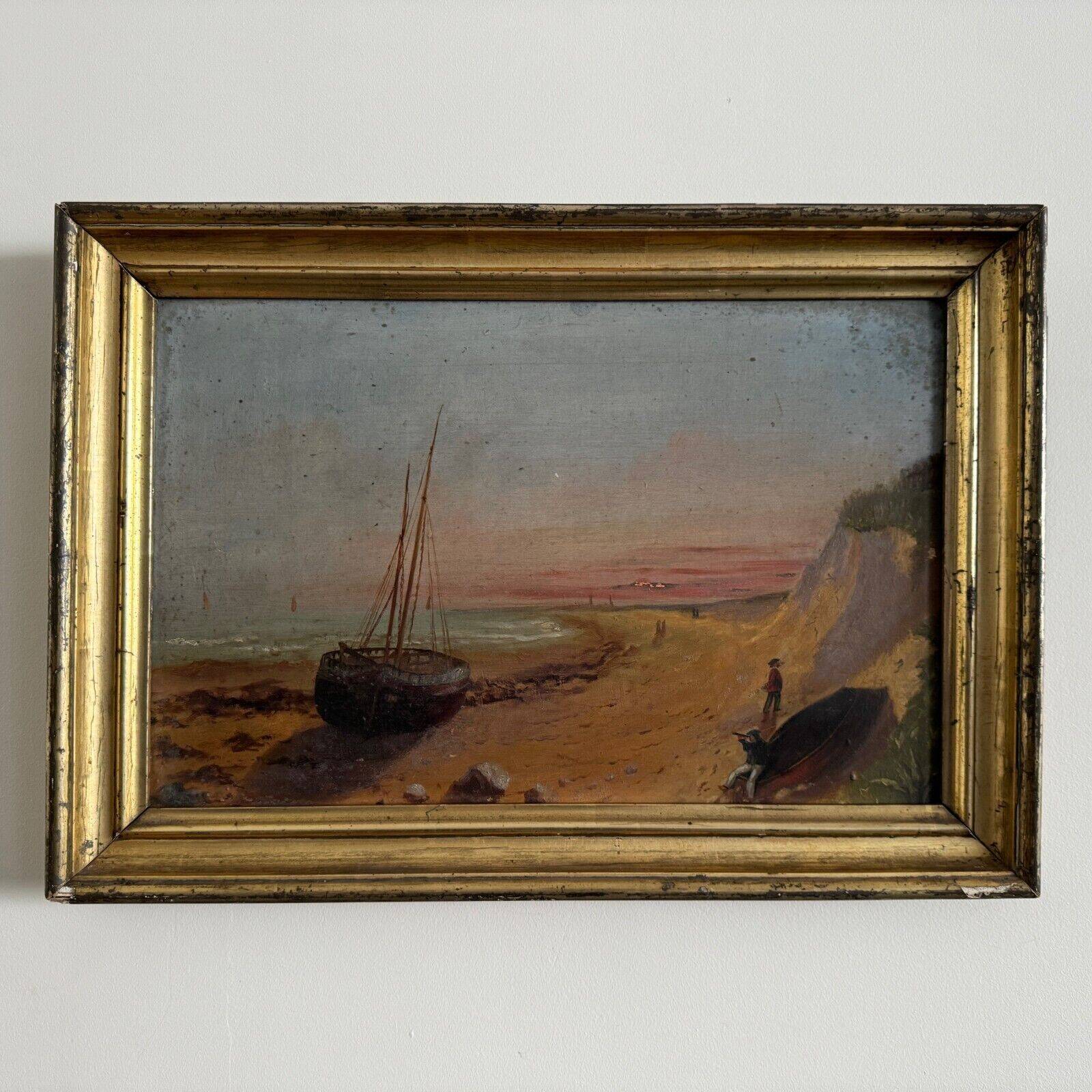 Oil on cardboard depicting a boat on a rocky coast