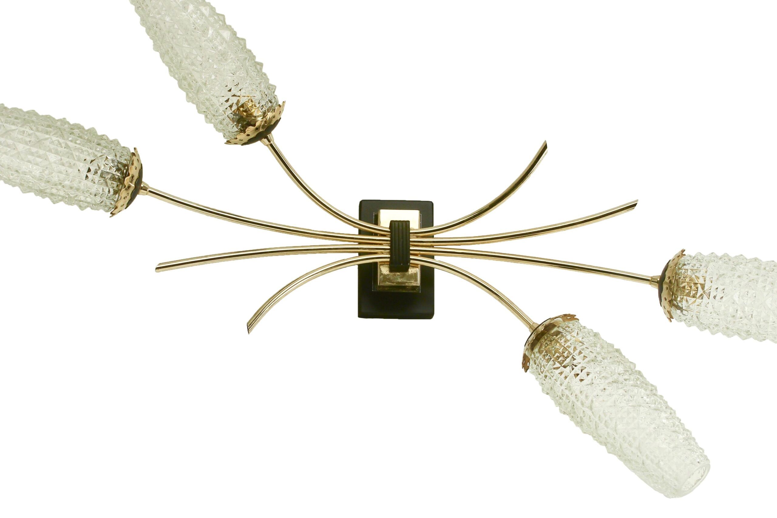 Wall lamp with brass rods and glass lampshade, 1960s