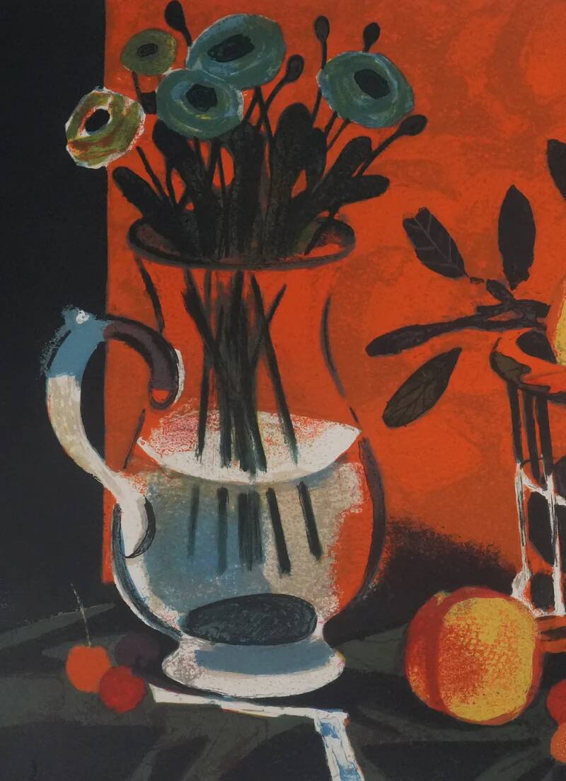 Yves Ganne : Le panier de pêches, lithographie originale signée