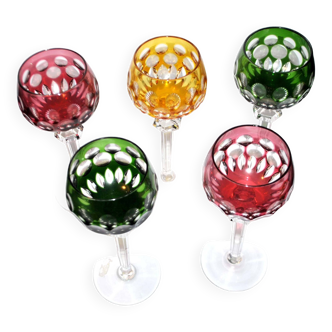 Set of 5 Roemer wine glasses in cut crystal Lemberg - colored lined crystal overlay