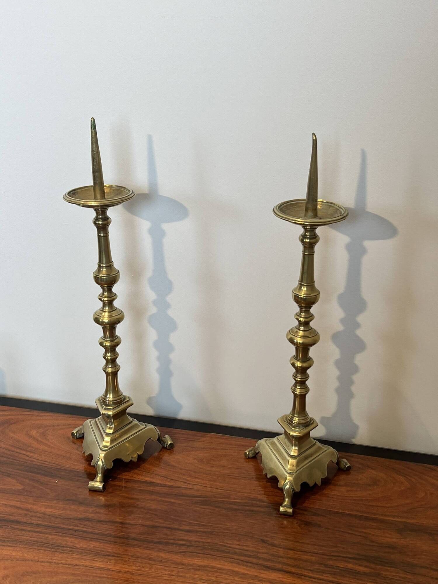 Pair of Large Brass Altar Candlesticks with Baluster Shaft and Tripod Base