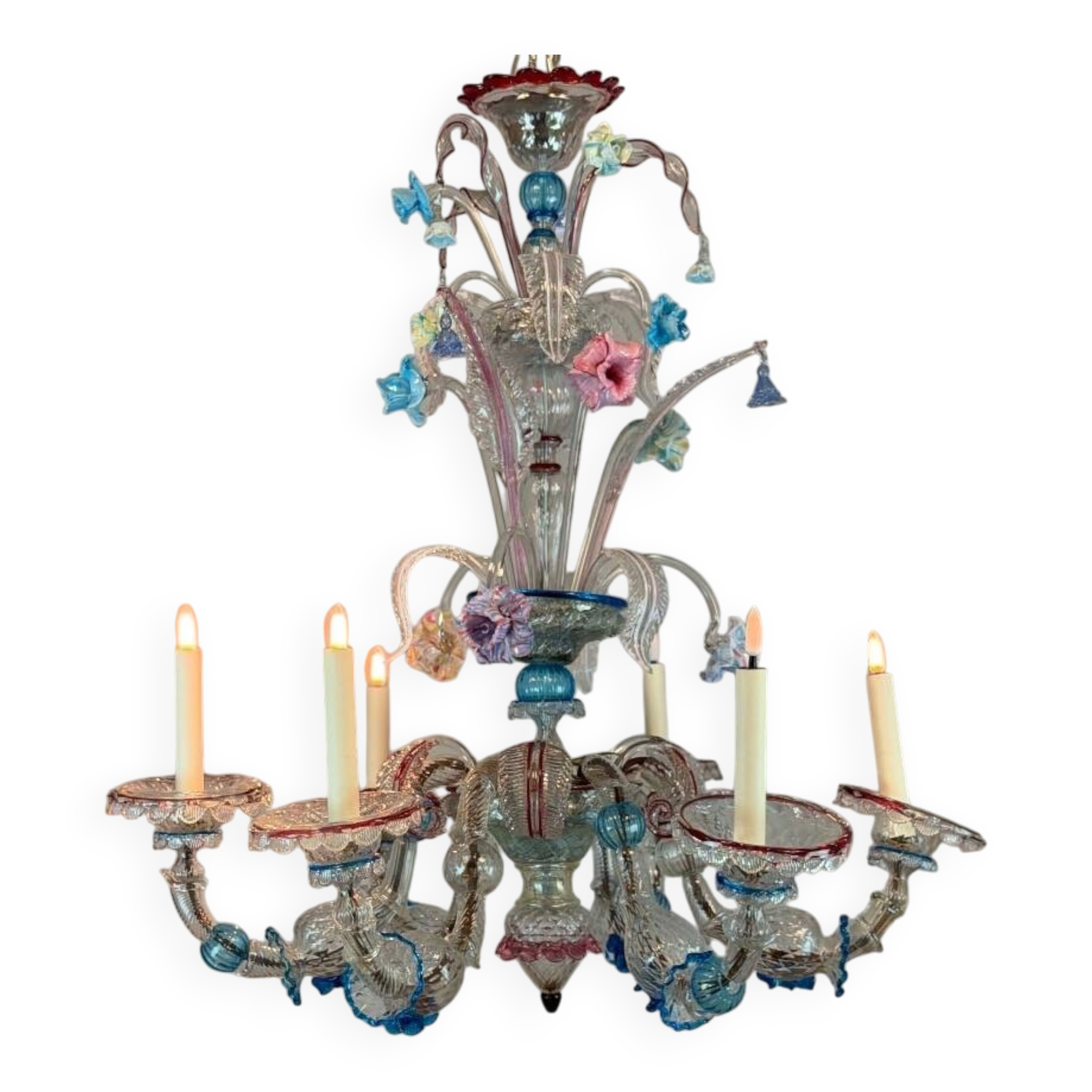 Venetian Rezzonico chandelier in multicoloured Venetian glass circa 1900