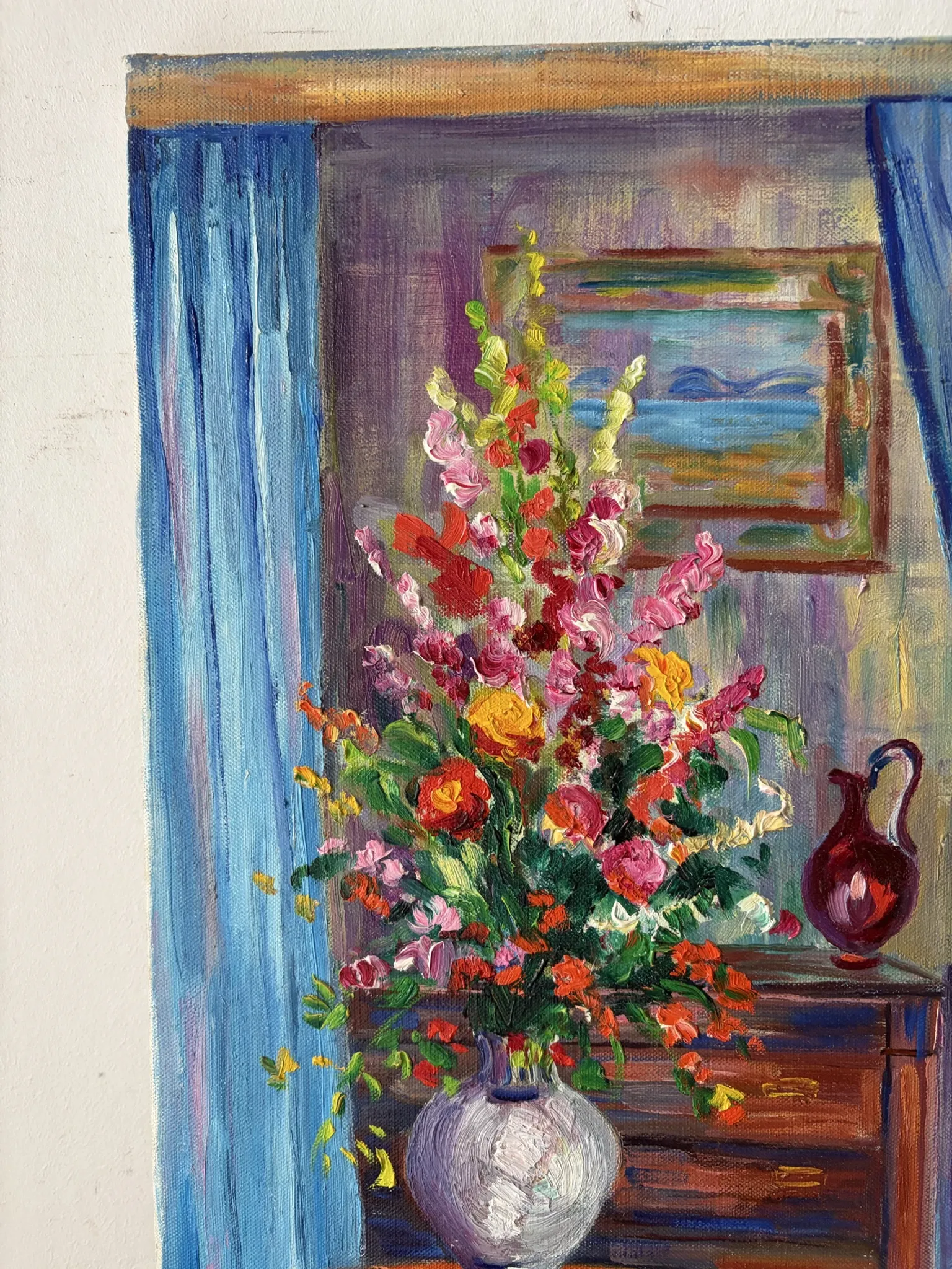 Blue interior with bouquet, oil on canvas signed Gisèle Renaut.