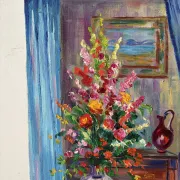 Blue interior with bouquet, oil on canvas signed Gisèle Renaut.