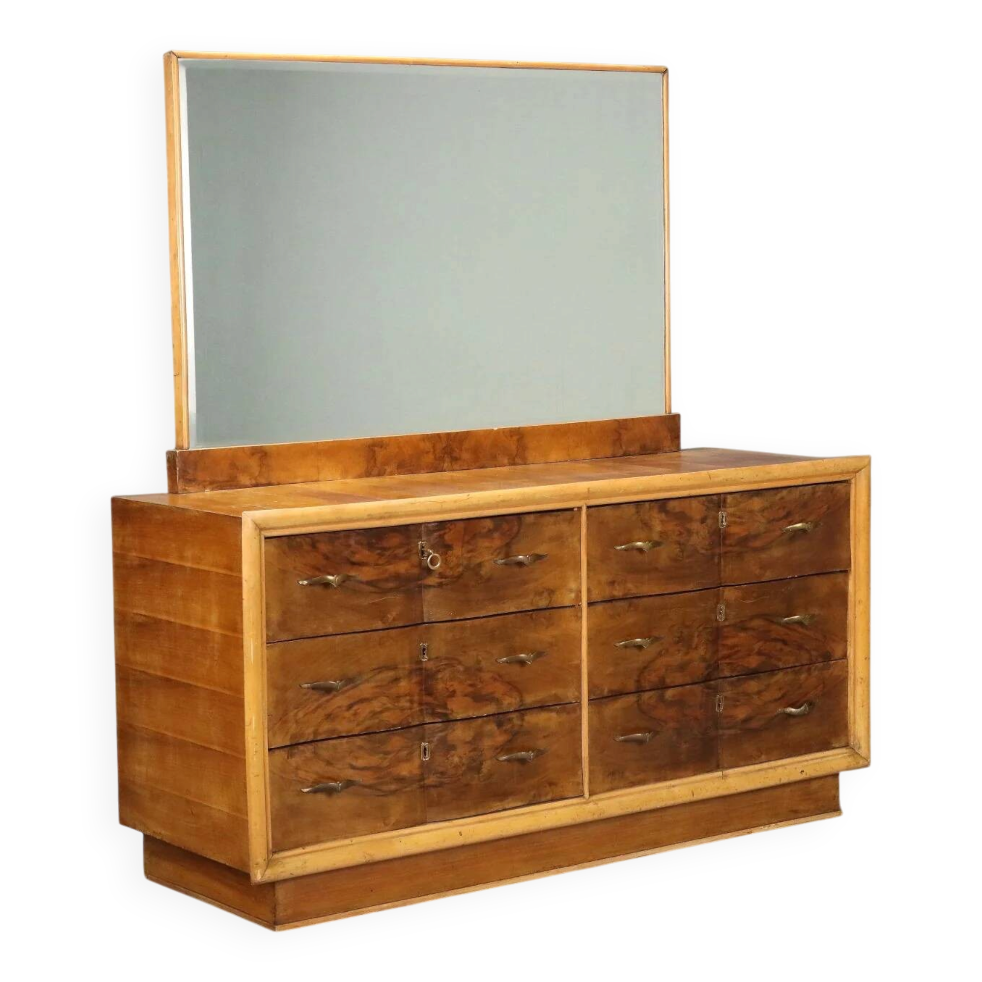 Vintage walnut burl commode with brass handles, Italian design from the 1940s.