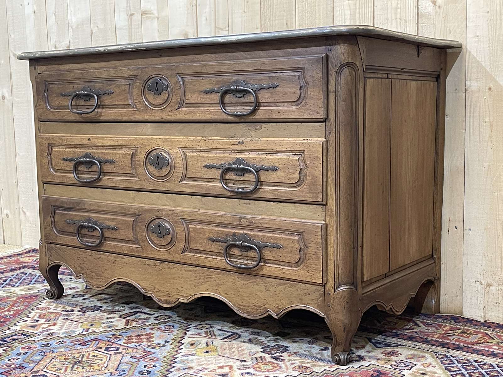 Louis XV eighteenth-century period chest of drawers in walnut painted in patinated gray