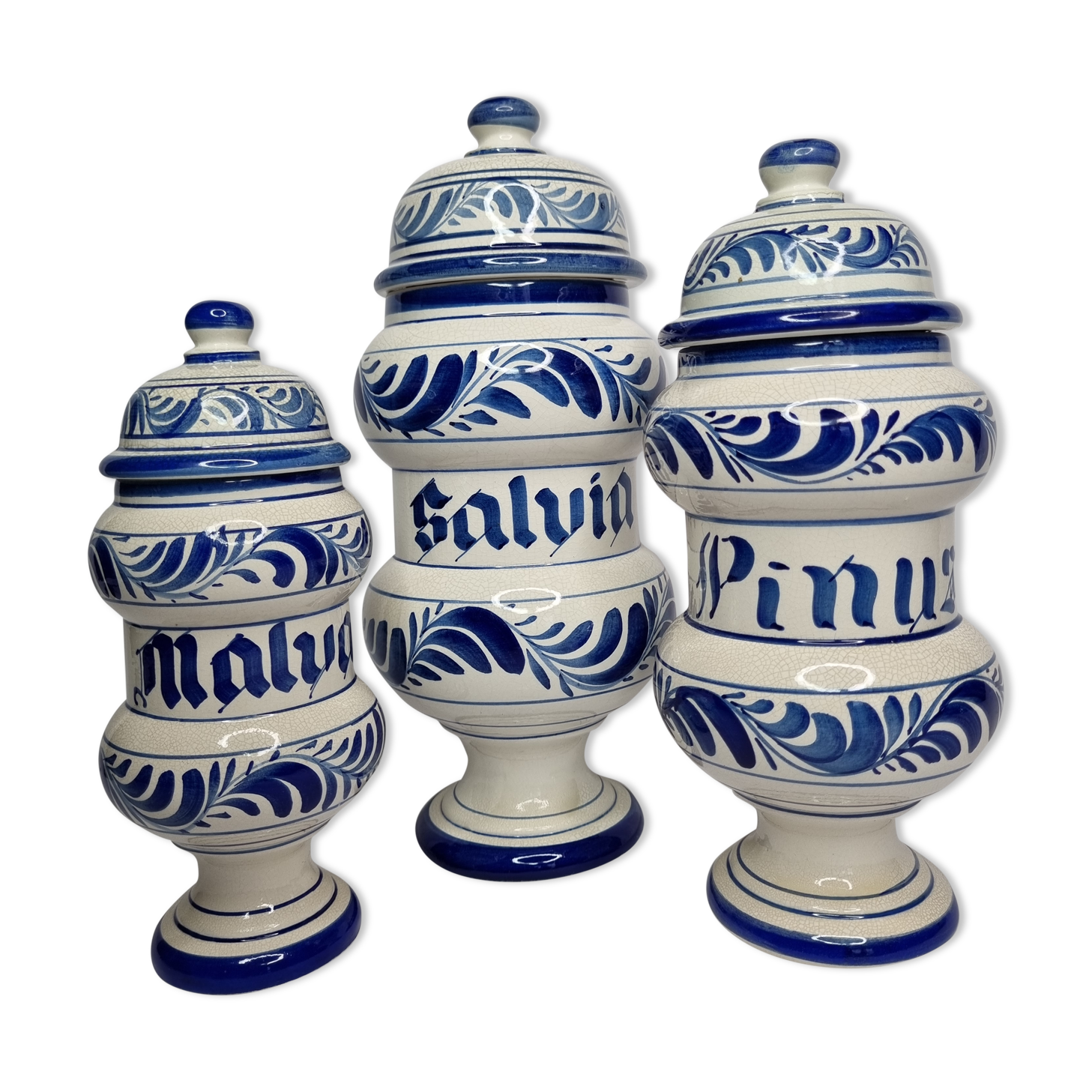 Set of three covered apothecary pots, Malva, Pinus, Salvia in glazed ceramic
