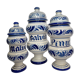 Set of three covered apothecary pots, Malva, Pinus, Salvia in glazed ceramic