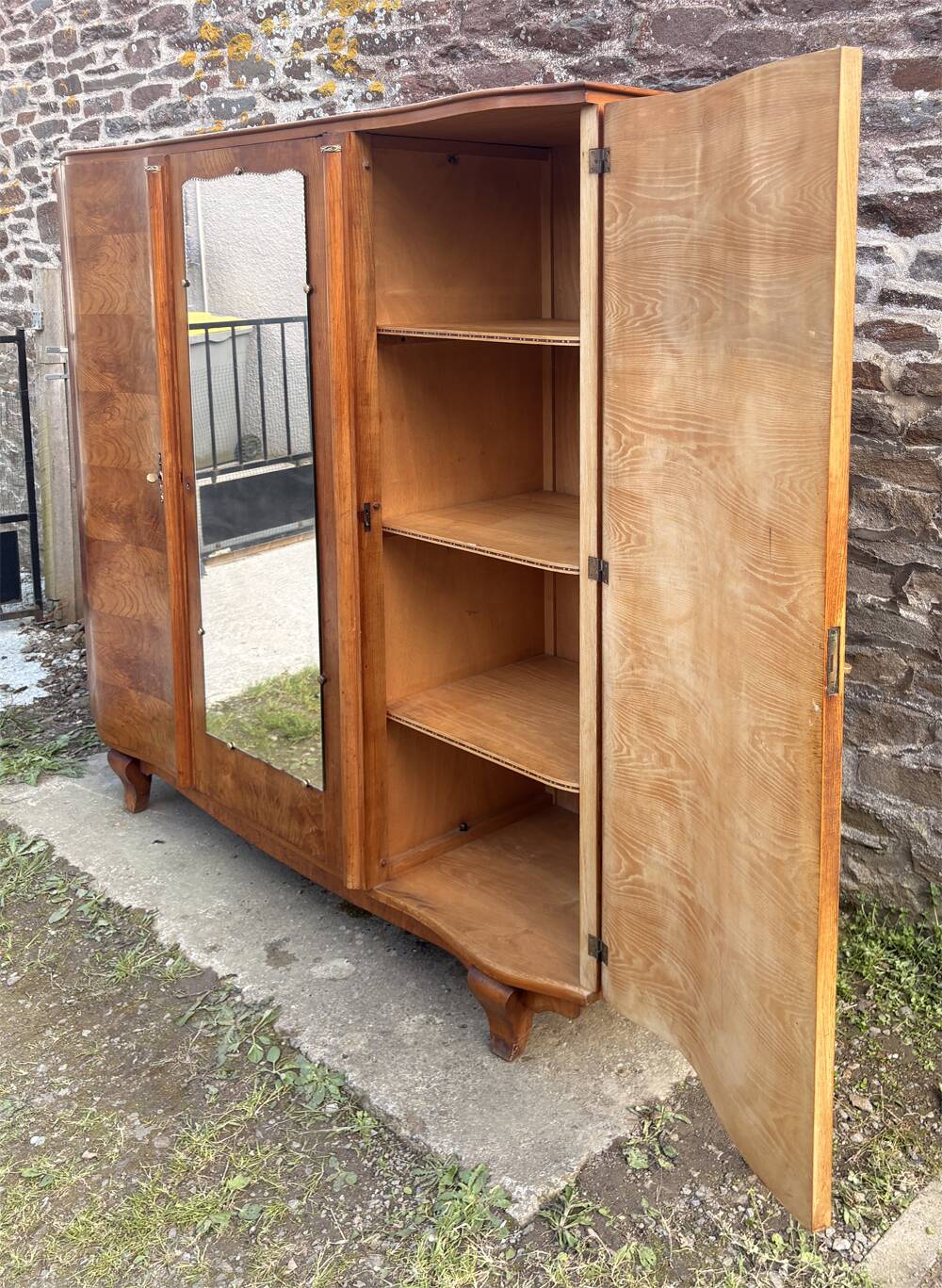 Art Deco wardrobe in flame walnut with central mirror – French elegance