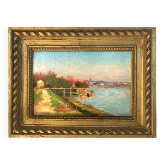 Paysage "ponton sur la seine" huile sur toile datée 1905. émile cambiaggio -