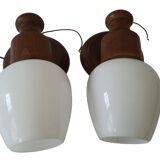 Set of wall lamp wooden support and vintage white opaline globe