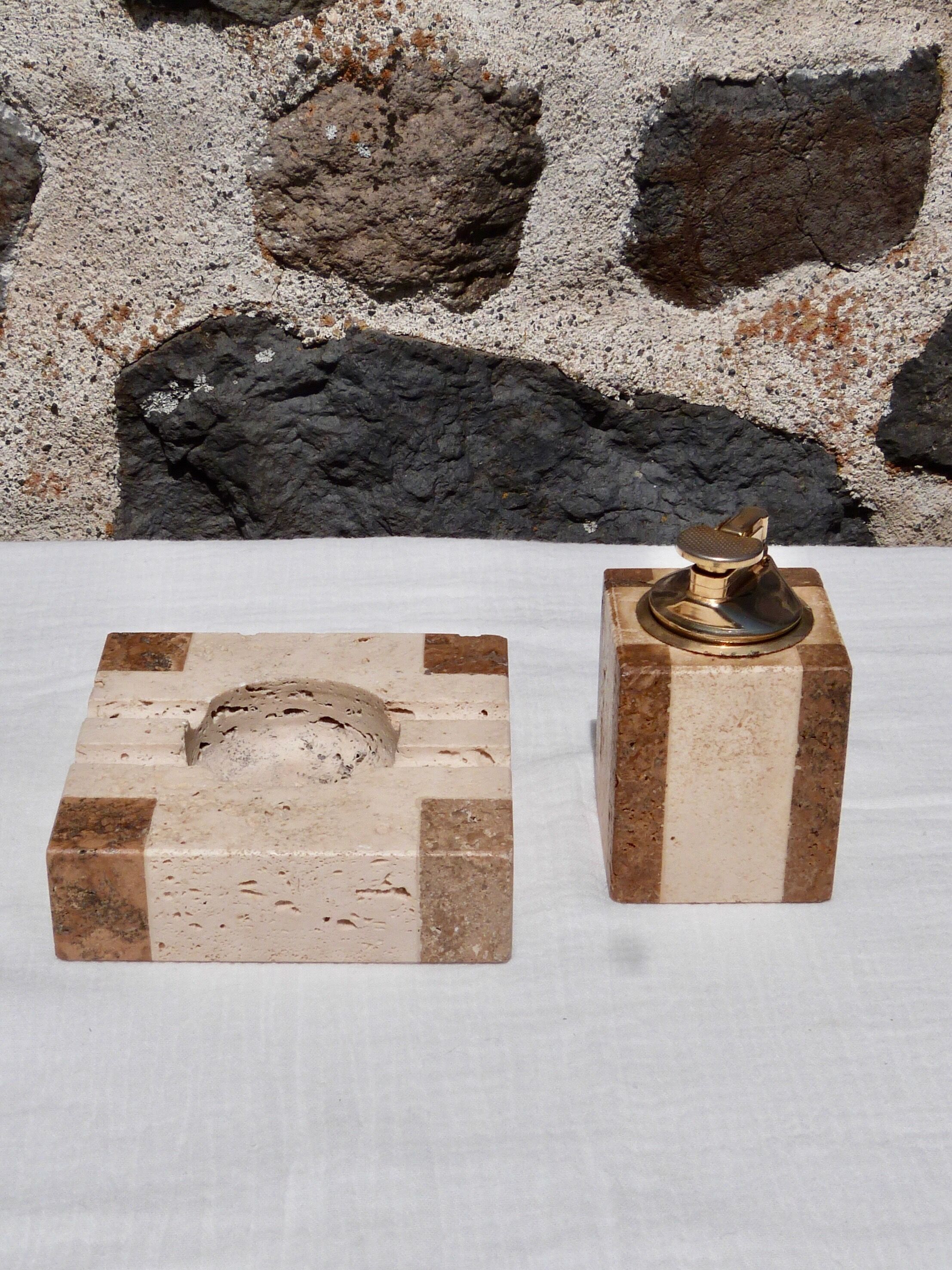 Travertine smoker's set, lighter and ashtray