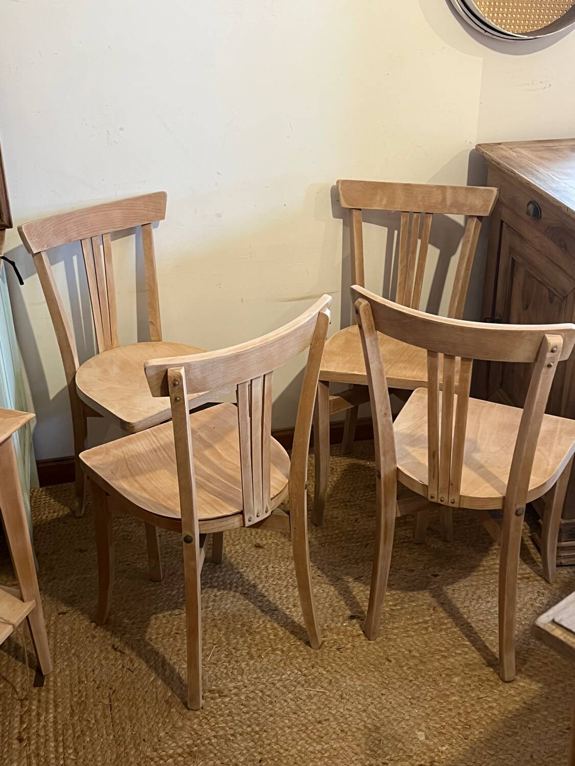 Set of 4 vintage bistro chairs in raw wood