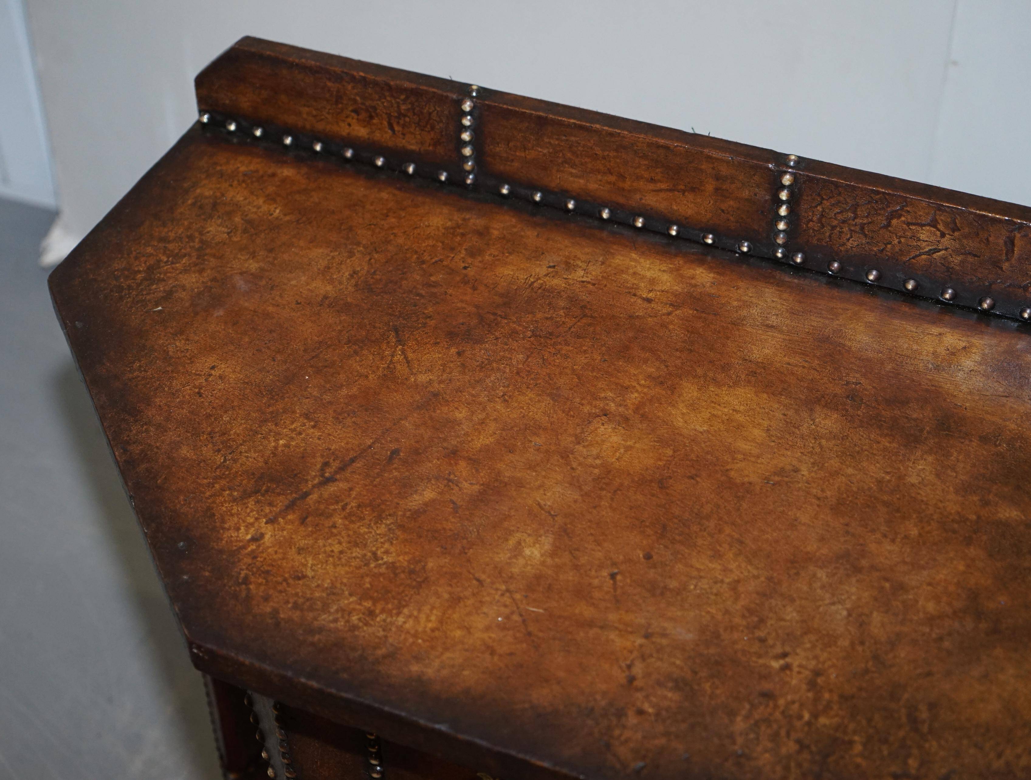 Antique Leather Studded Console Table in Gothic Pugin Style Restored