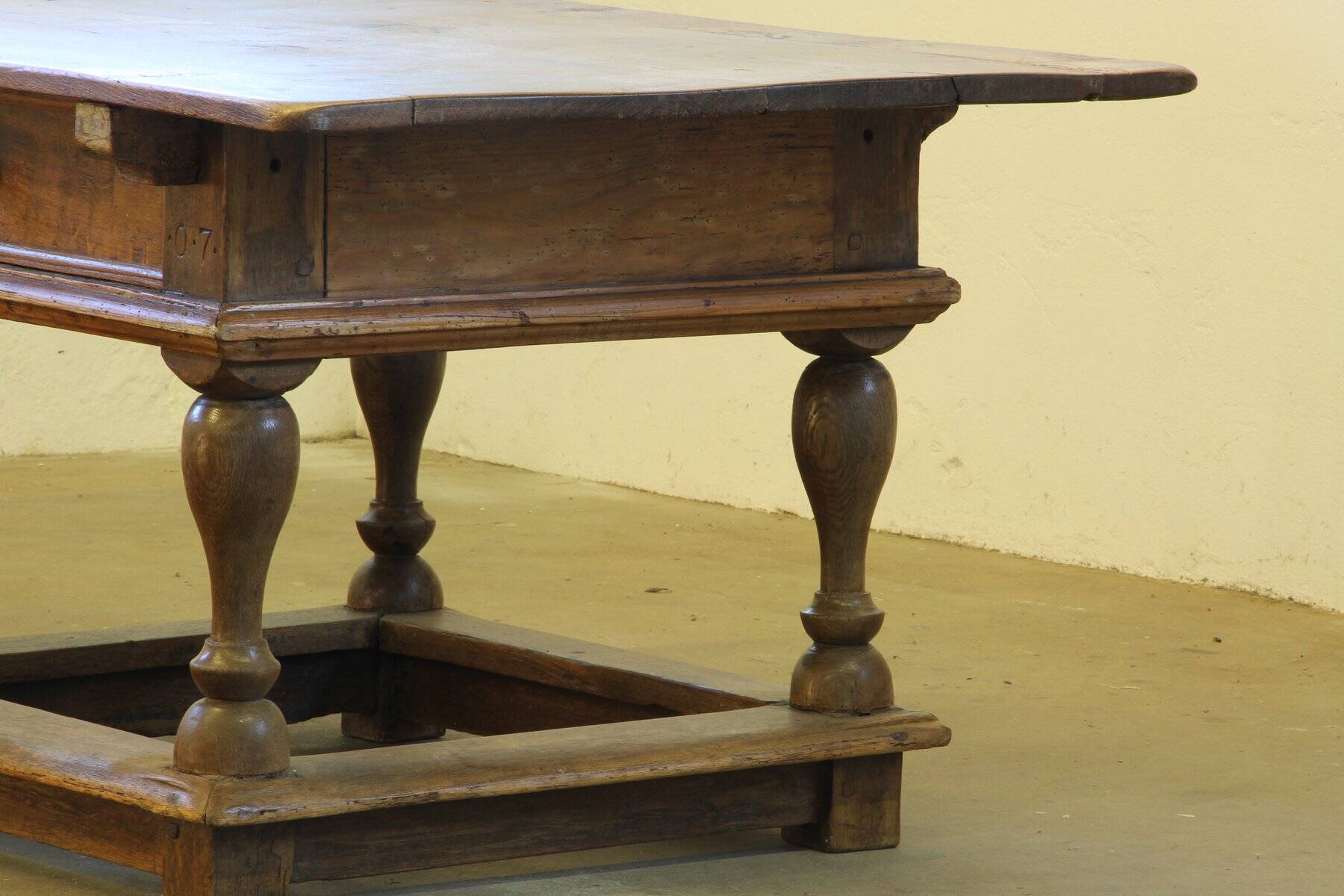 Antique Nordic Baroque Oak Table, Dated 1807