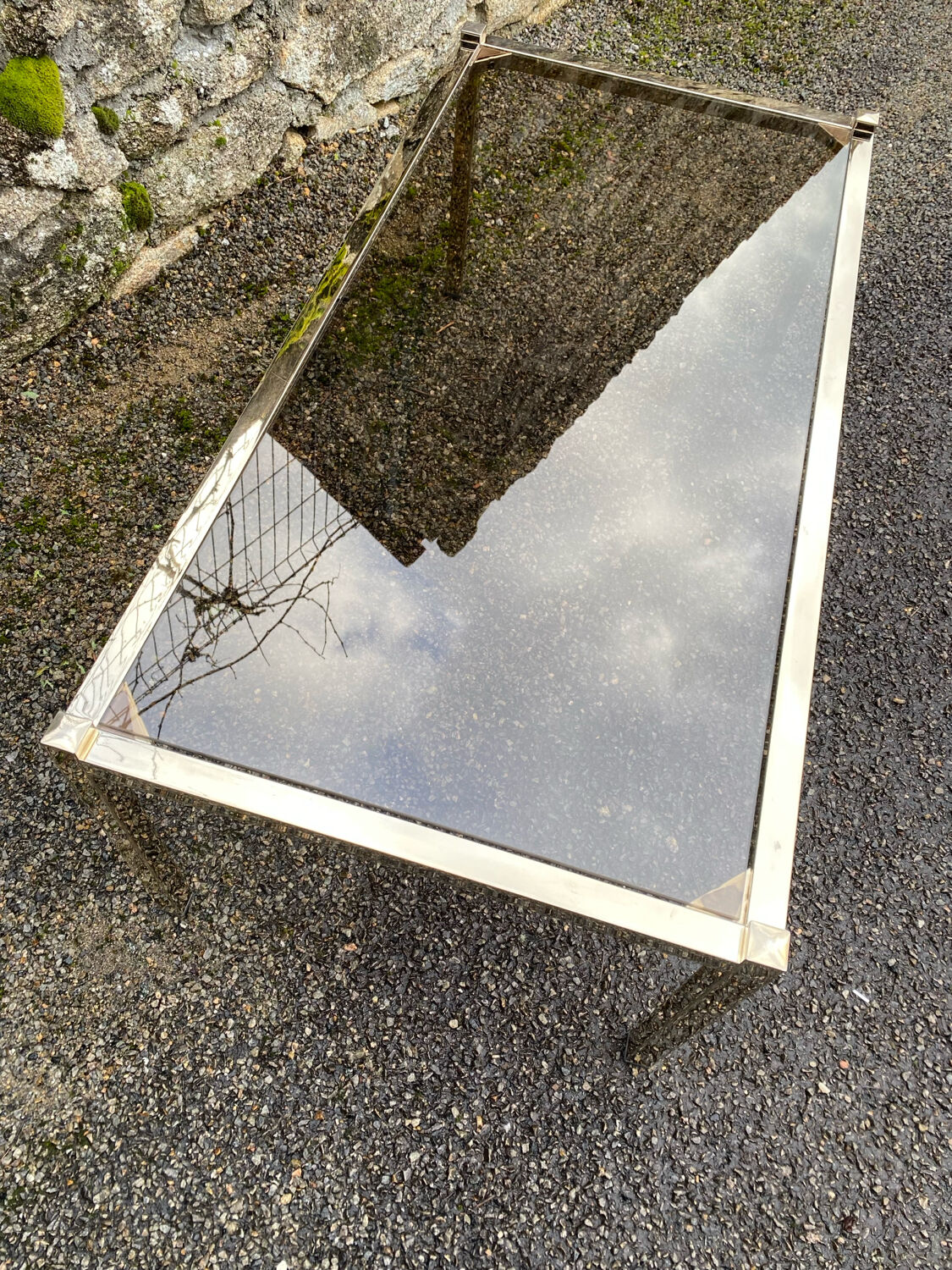 VINTAGE 1970 RECTANGULAR COFFEE TABLE GOLDEN SMOKED BROWN GLASS
