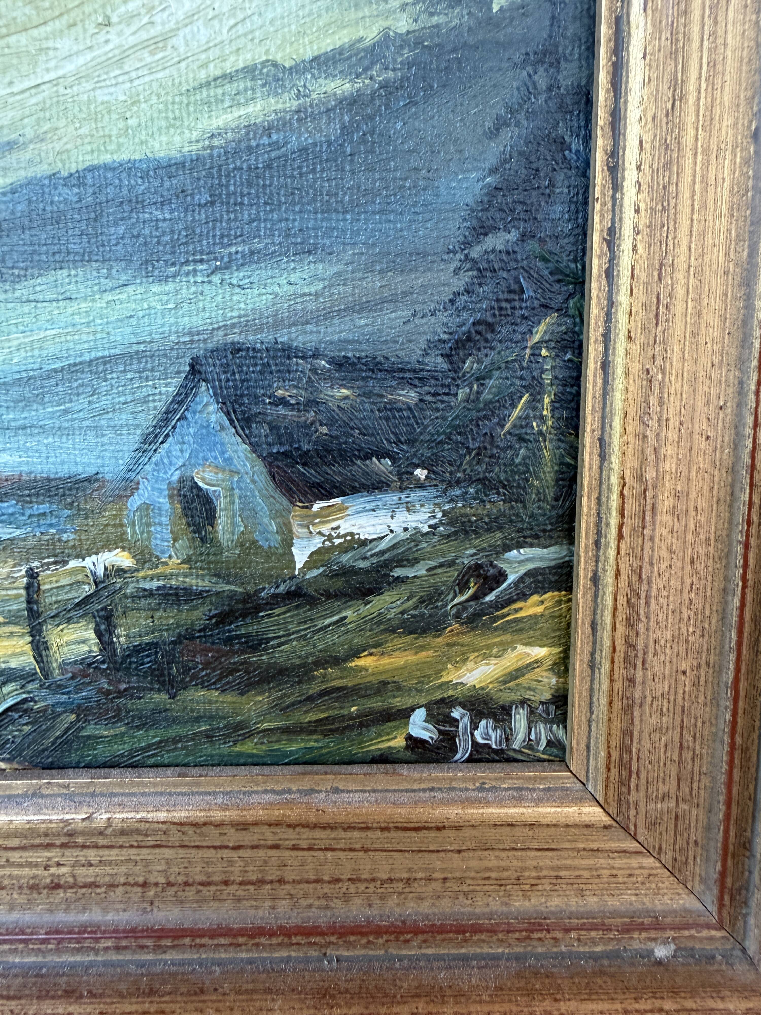 Small vintage painting of a countryside landscape – Oil on canvas – Old house