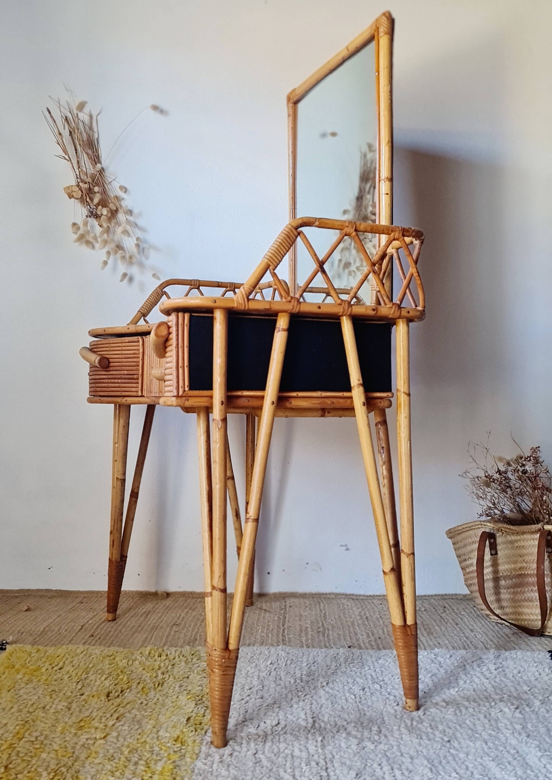 Vintage Rattan and Bamboo Hairdresser with Mirror – 1960s