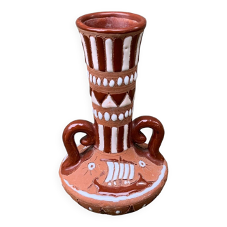 1986 Vase 15cm art Grec signé Fintias soliflore amphore Vintage ancien fait en Grèce à la main