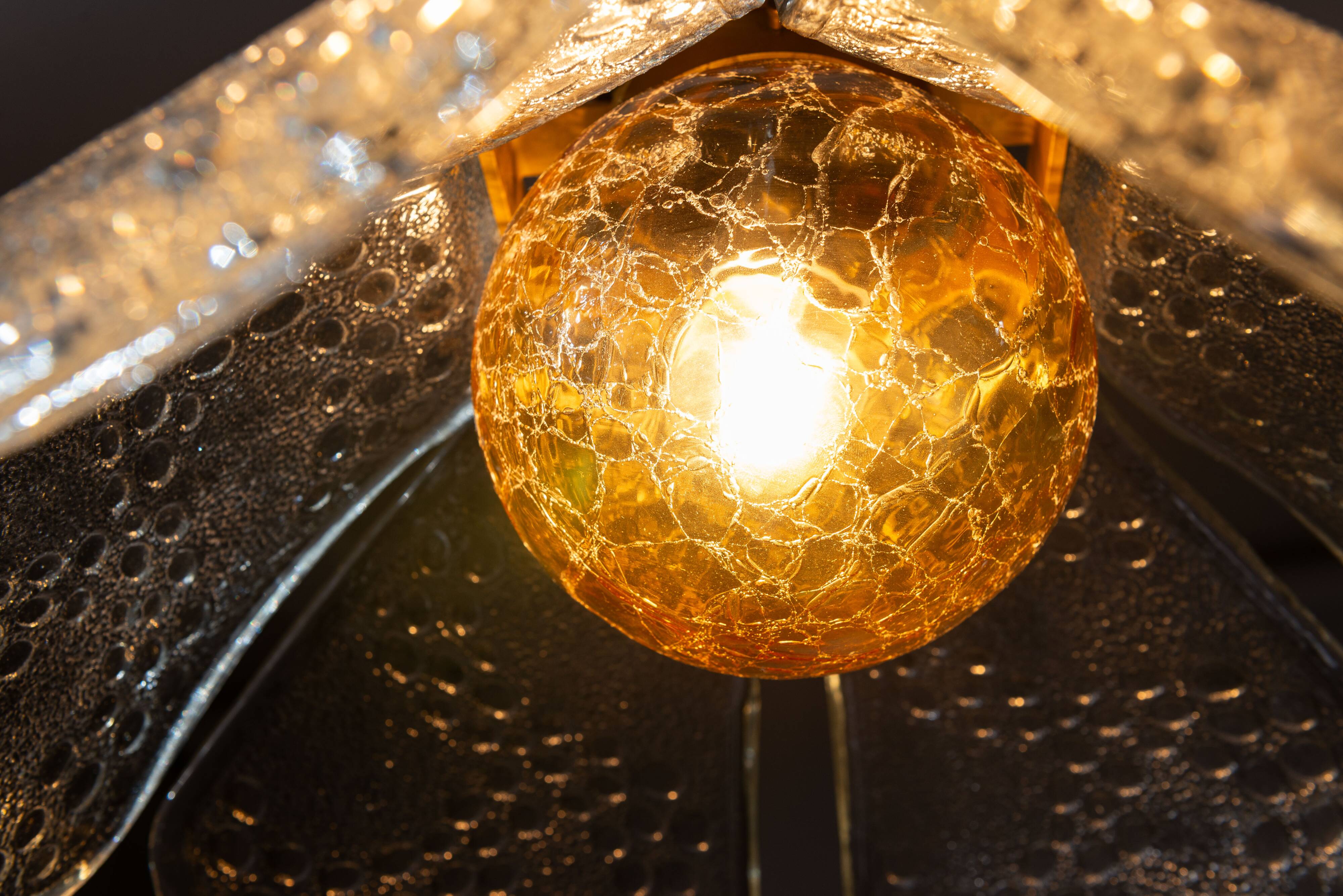 Swedish pendant with glass leaf shades and a center shade of amber coloured