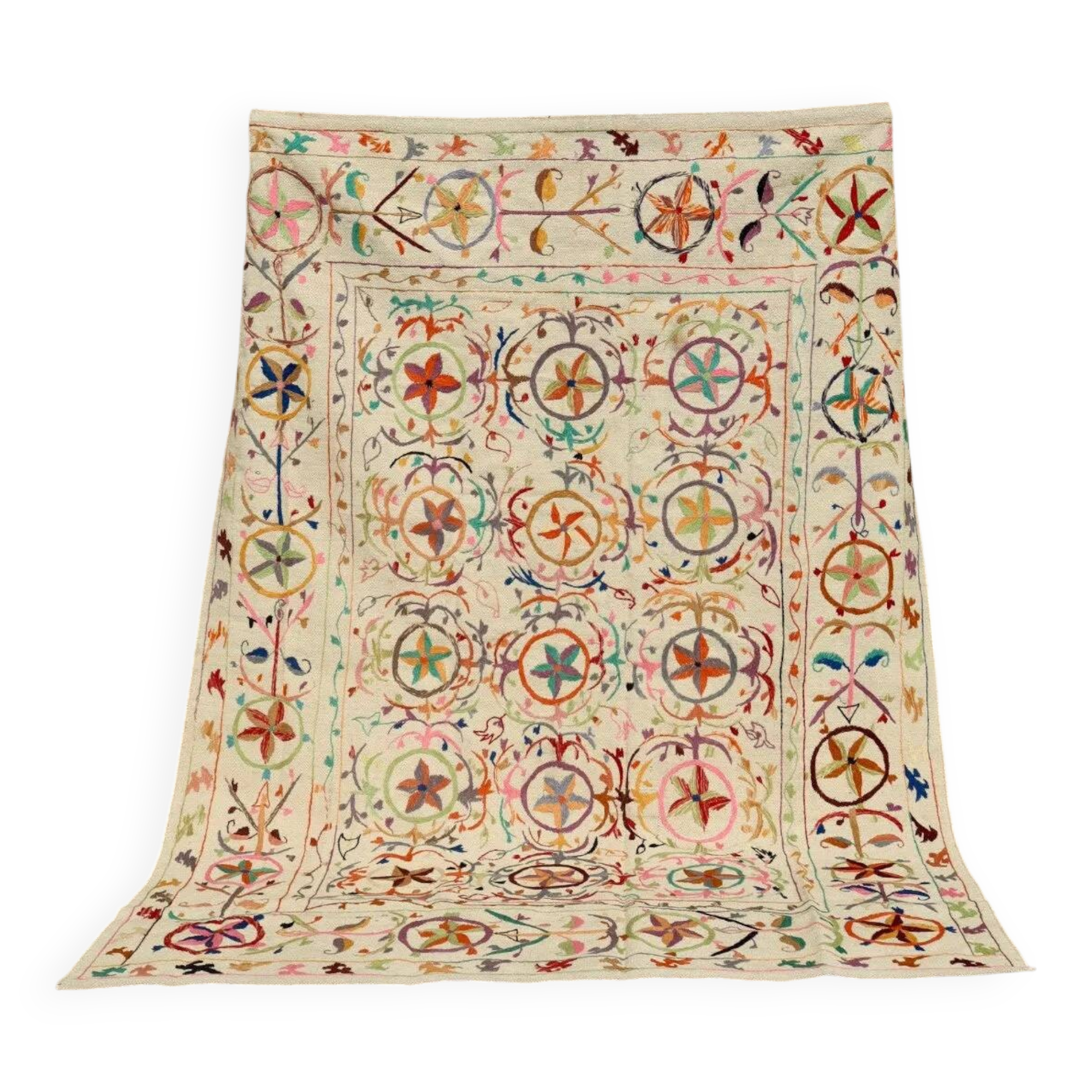 Multicoloured embroidered suzani motif kilim rug – 240x170 cm