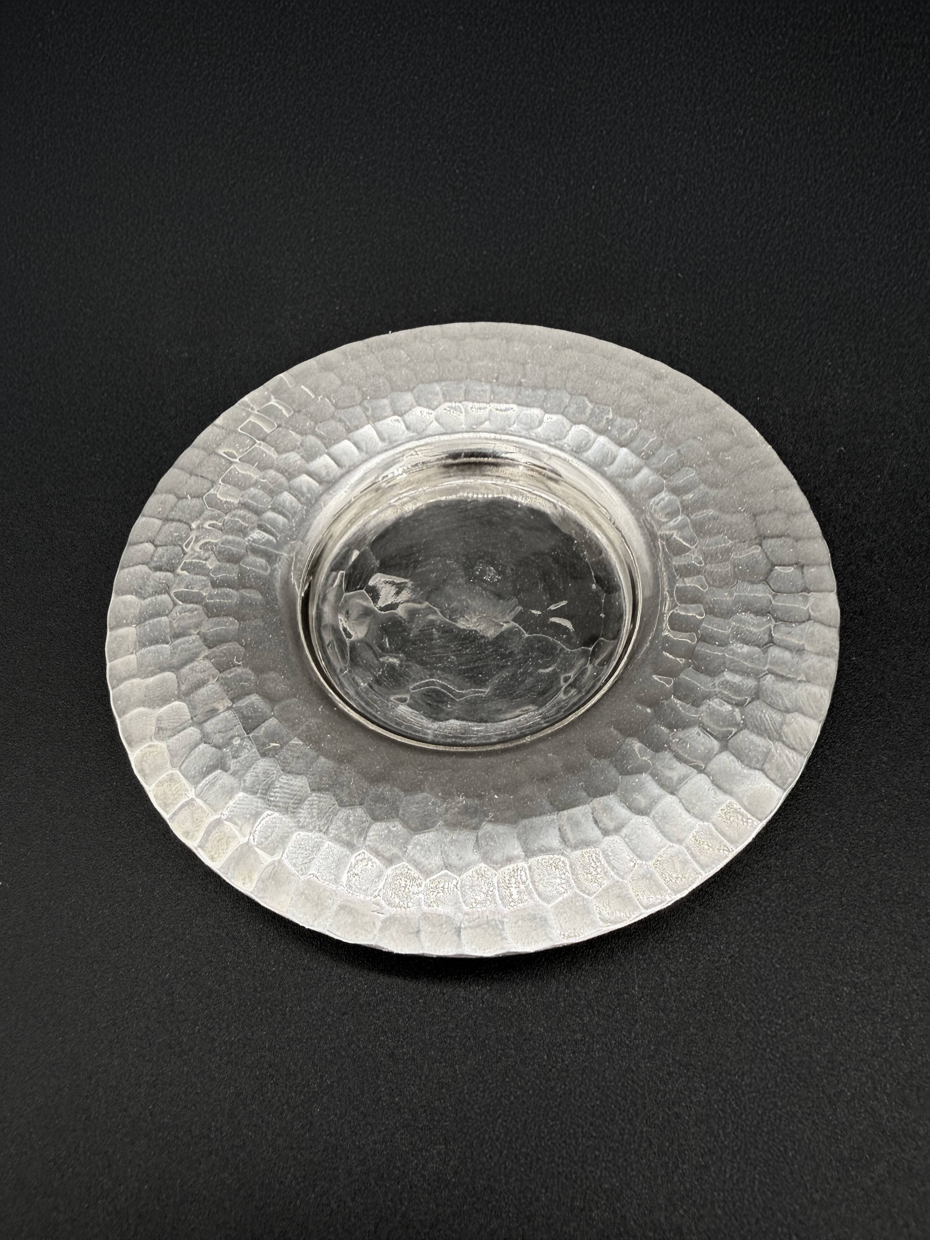 Duo of hammered metal and blown glass cups — handcrafted work