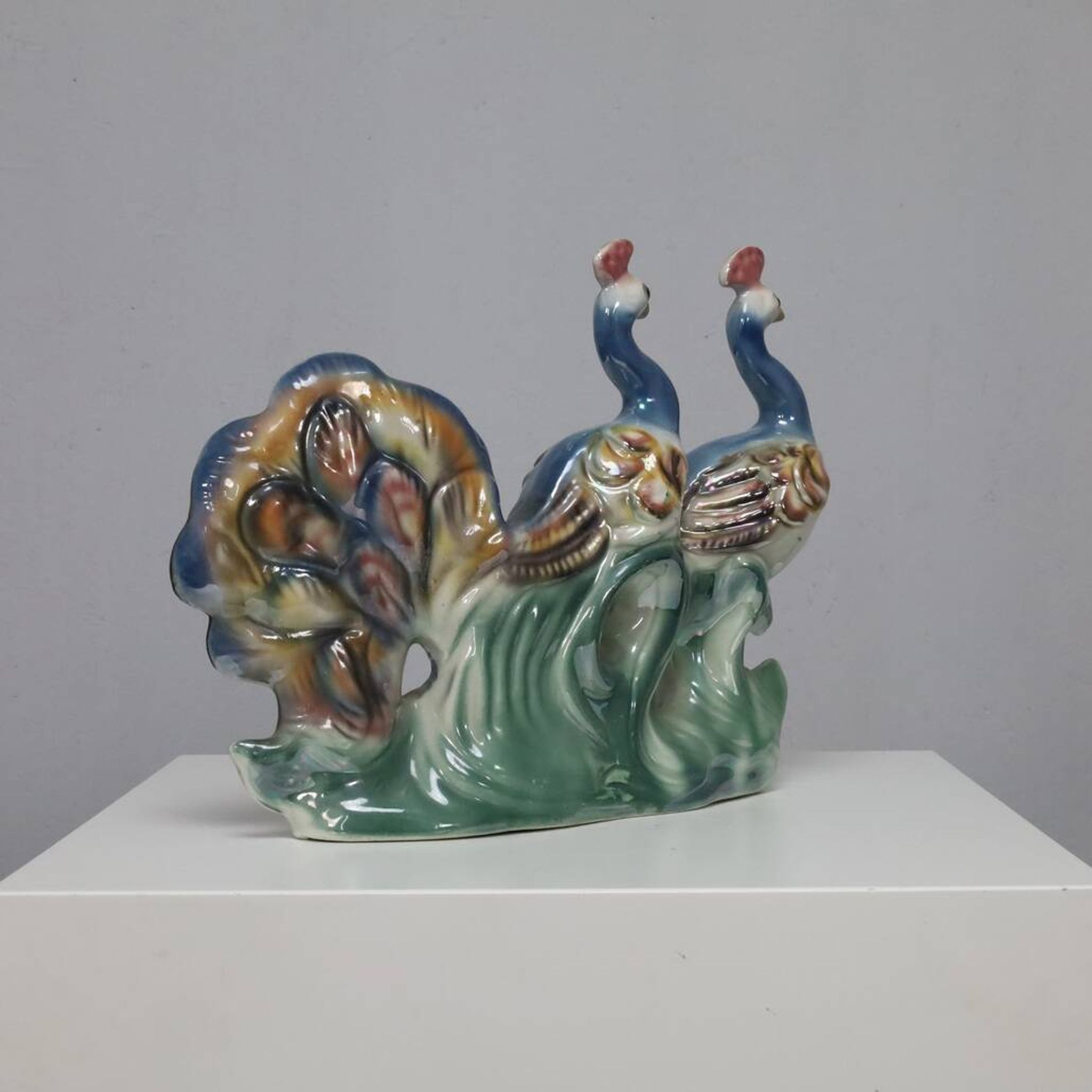 Italian Ceramic Sculpture with two Peacocks, 1960s hand-painted