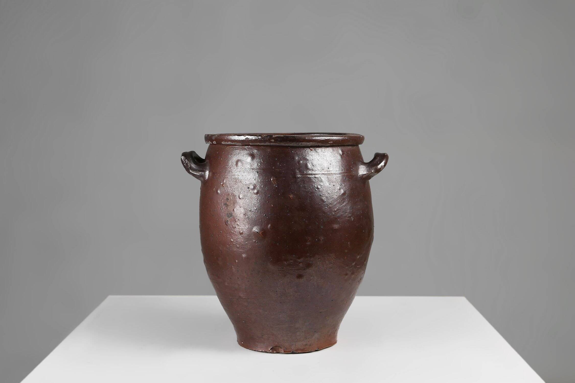 Signed Rustic Large Glazed Brown Ceramic Pot, Belgium, 1800s