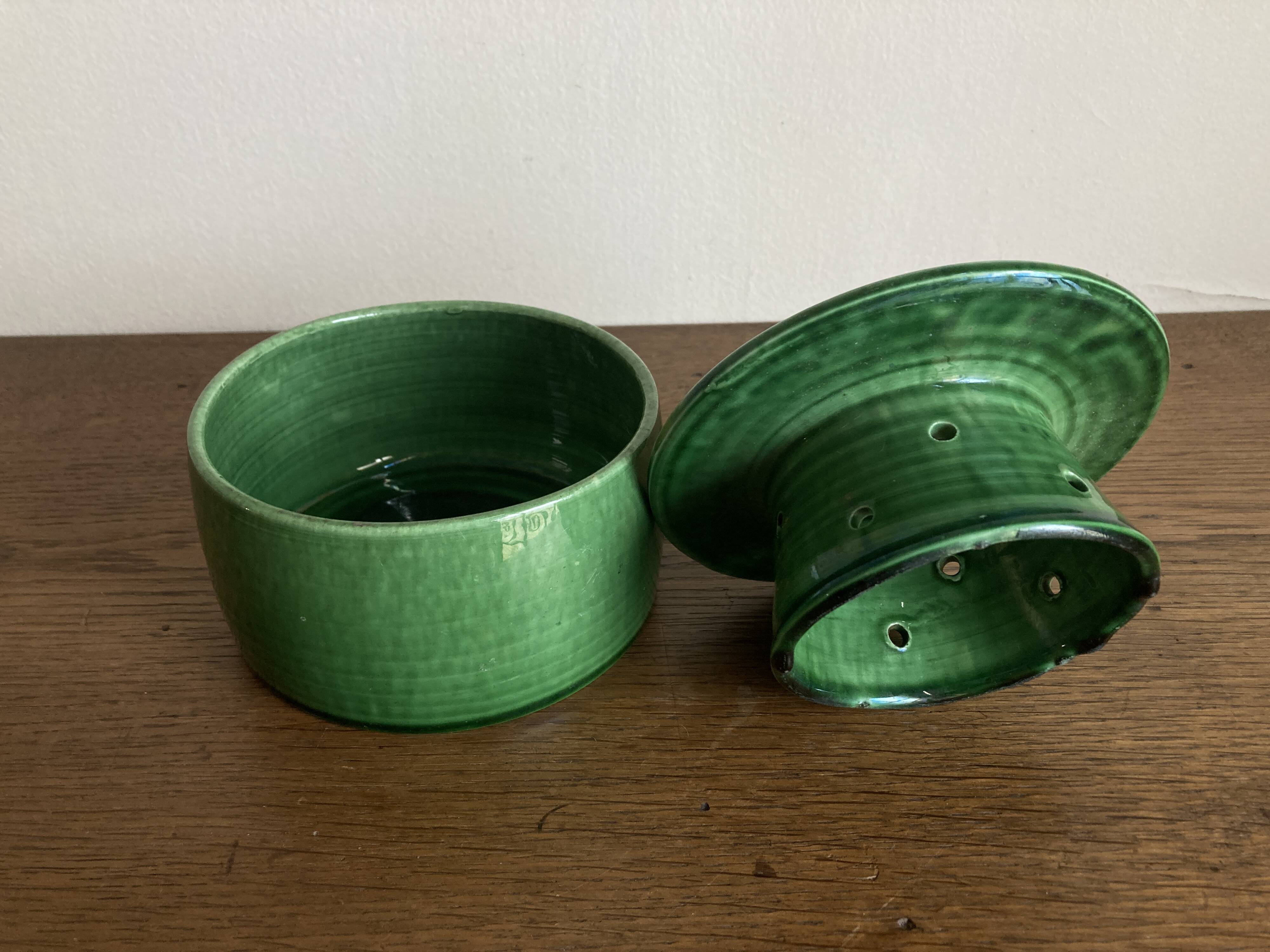 Foucart Jourdan Green glazed earthenware butter dish with water reservoir, 1960