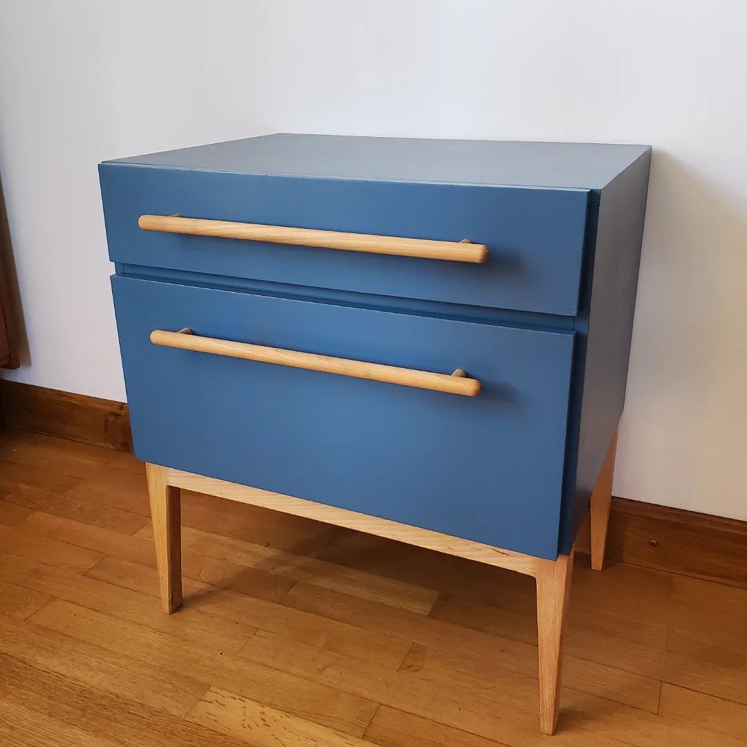 Blue sixties cabinet and monstera leaves