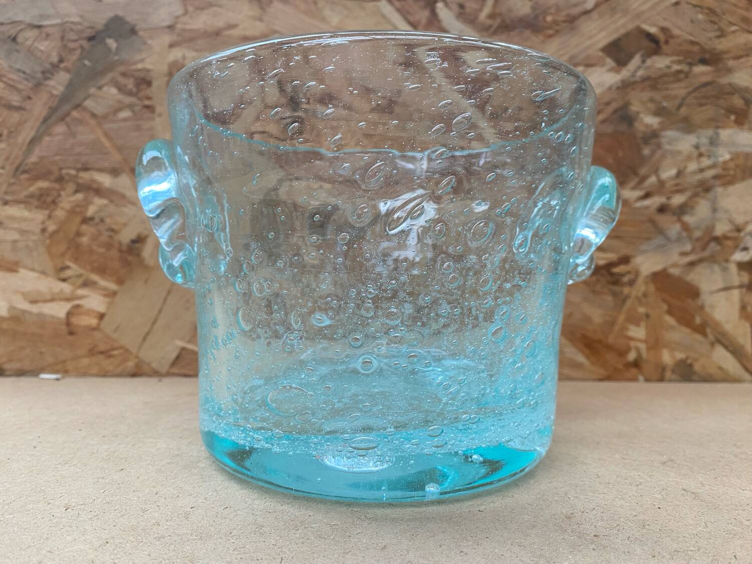 Antique BIOT Style Ice Bucket Blue Bubble Blown Glass Vintage #B620