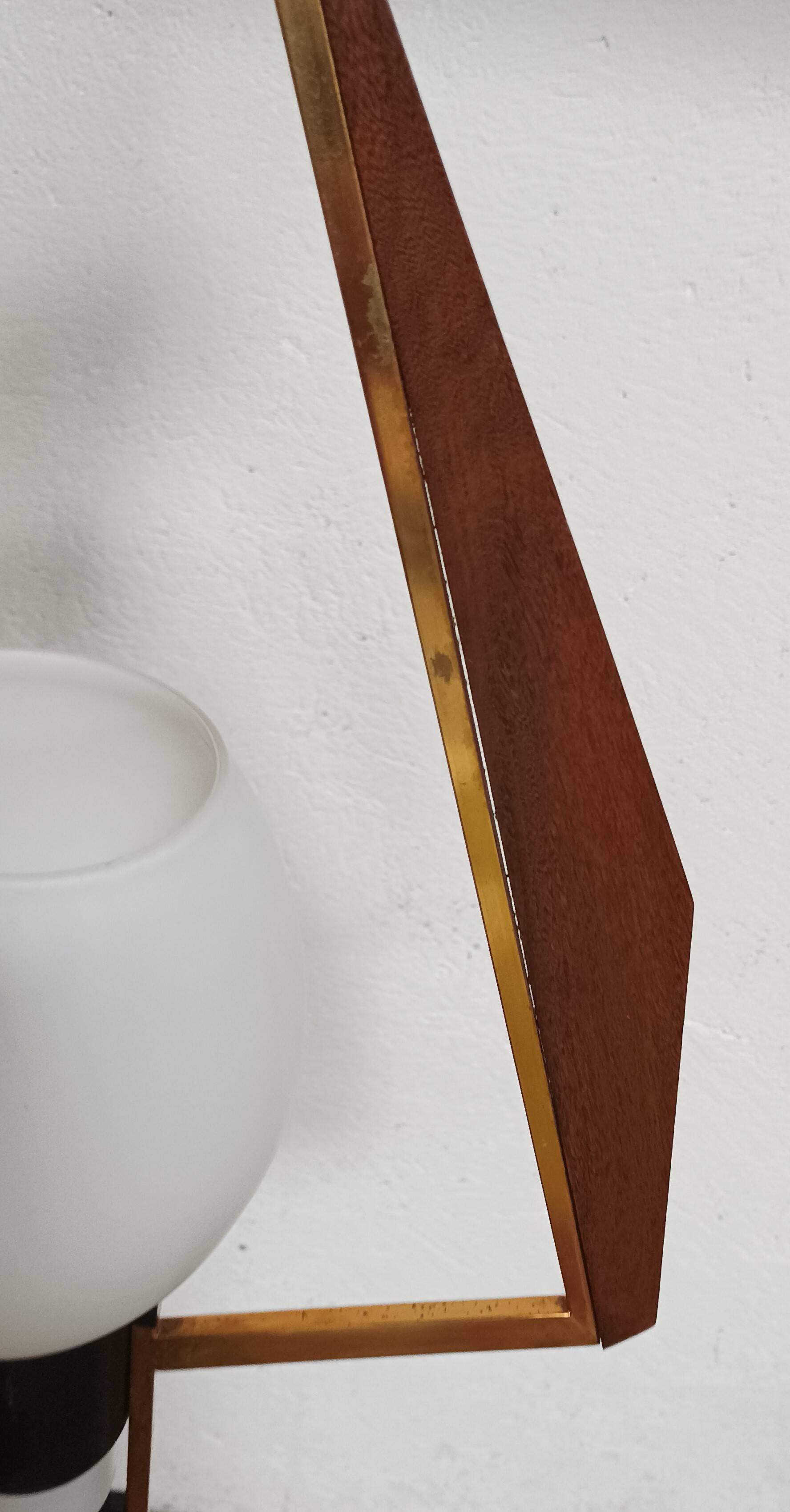 Teak, brass and opaline pendant light, Italy 1960