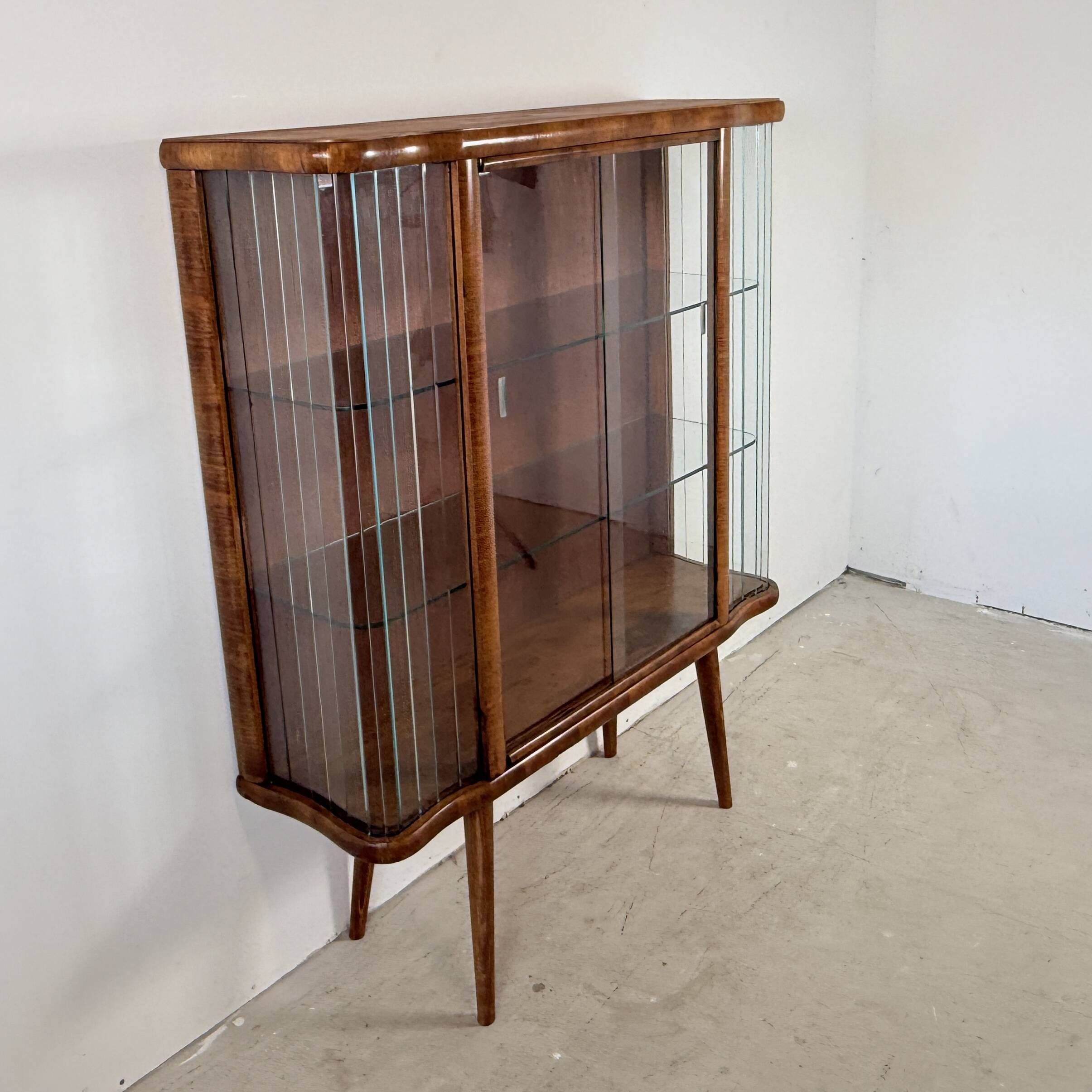 Vintage Display Cabinet with Glass Slats – Warm Walnut Veneer - Art Deco