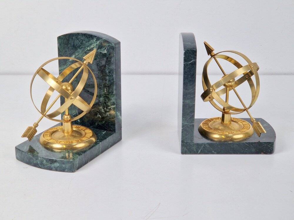 Nautical Brass & Marble Sundial Bookends, Set of 2