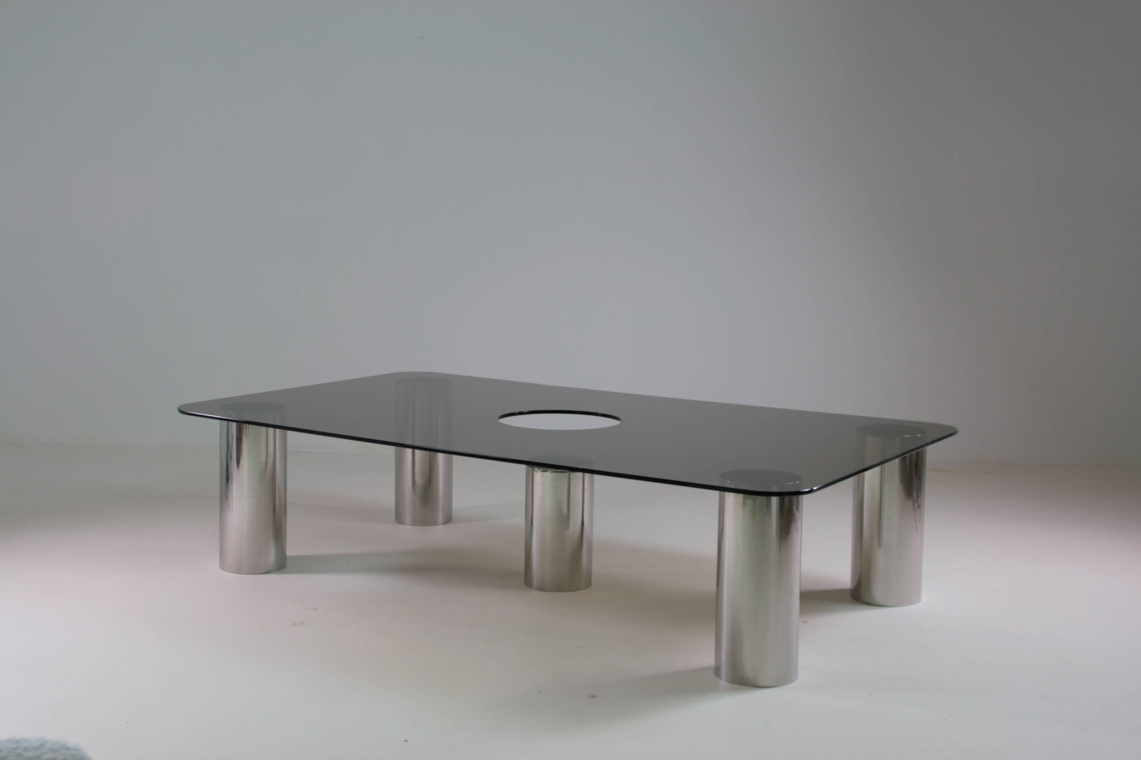 Large coffee table in chromed metal and smoked glass, Italy 1970