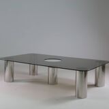 Large coffee table in chromed metal and smoked glass, Italy 1970