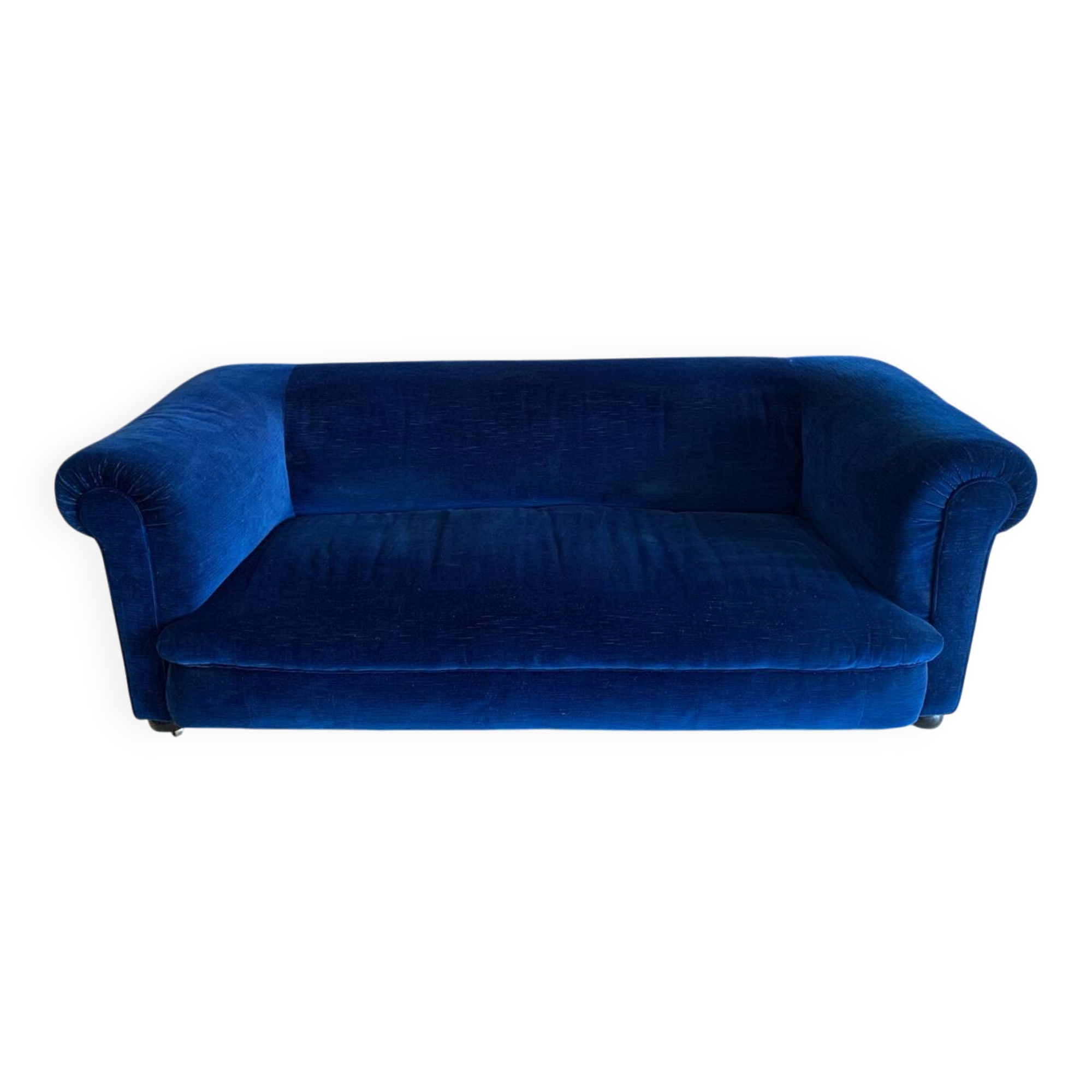 English Velvet Sofa, Blue, Circa 1950s Vintage