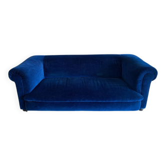 Canapé Anglais Velours Bleu Circa 1950 Vintage