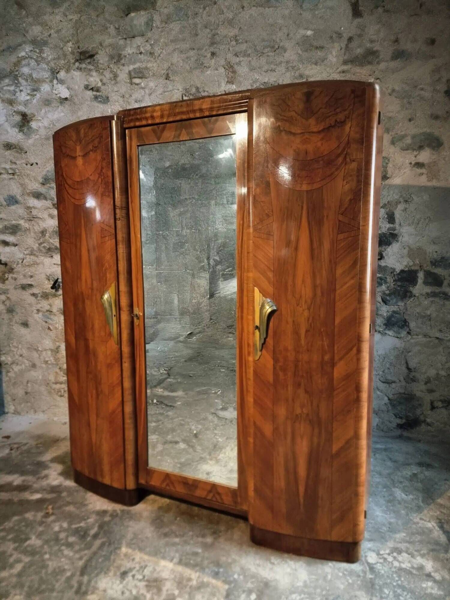 French Art Deco walnut wardrobe with mirror, 1930s